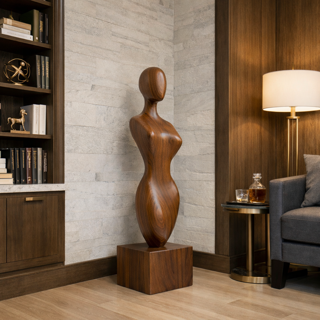 Solid Wood Abstract Female Torso Sculpture with Plinth for Modern Interiors