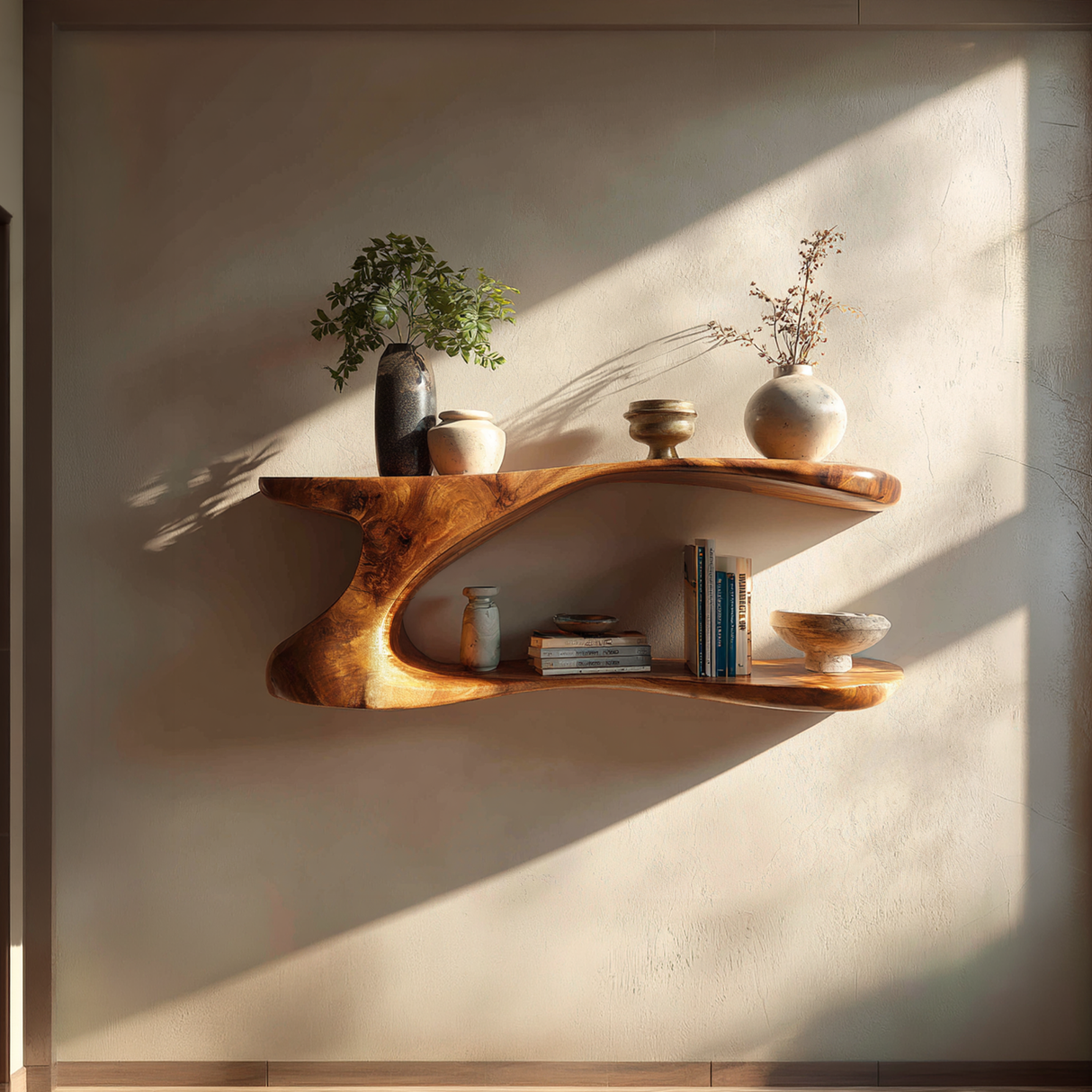 Sculptural Solid Wood Wall Shelf with Organic Flow