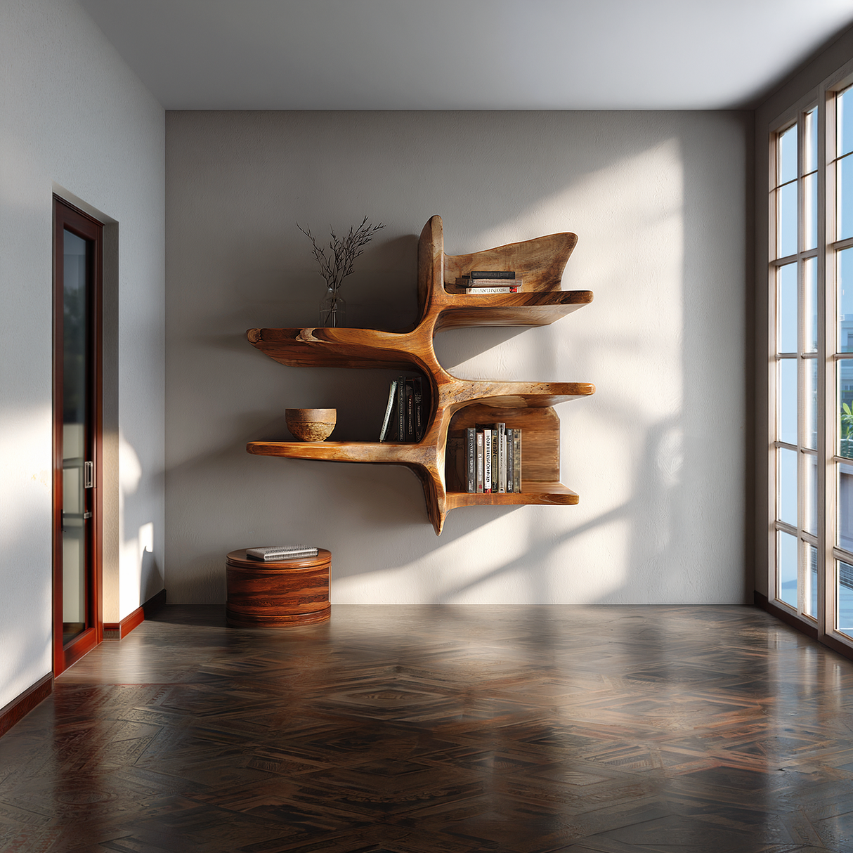 Sculptural Solid Wood Wall Bookshelf with Organic Branch Design