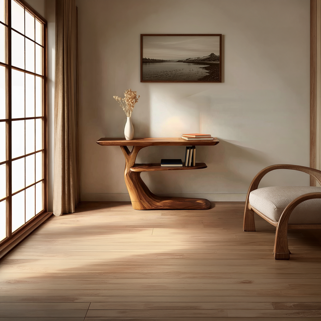 Organic Solid Wood Entryway Console with Sculpted Base