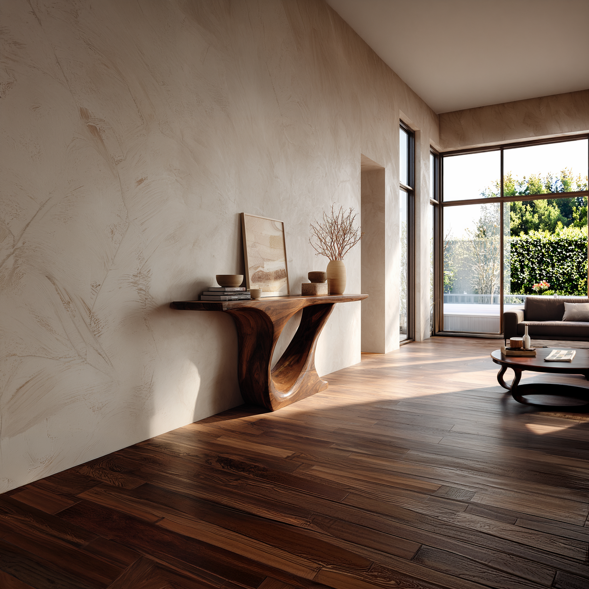 Organic Curve Solid Wood Console Table with Sculpted Pedestal Base