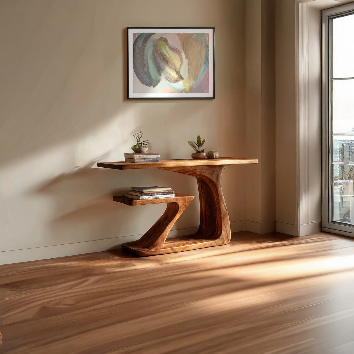 Two-Tier Solid Wood Console Table with Sculpted Z Base