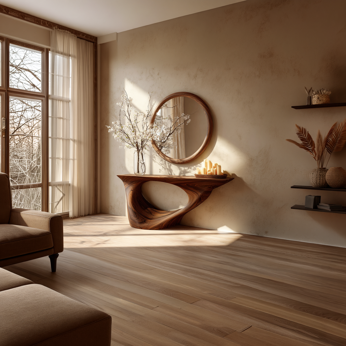Organic Sculpted Solid Wood Console Table with Architectural Base