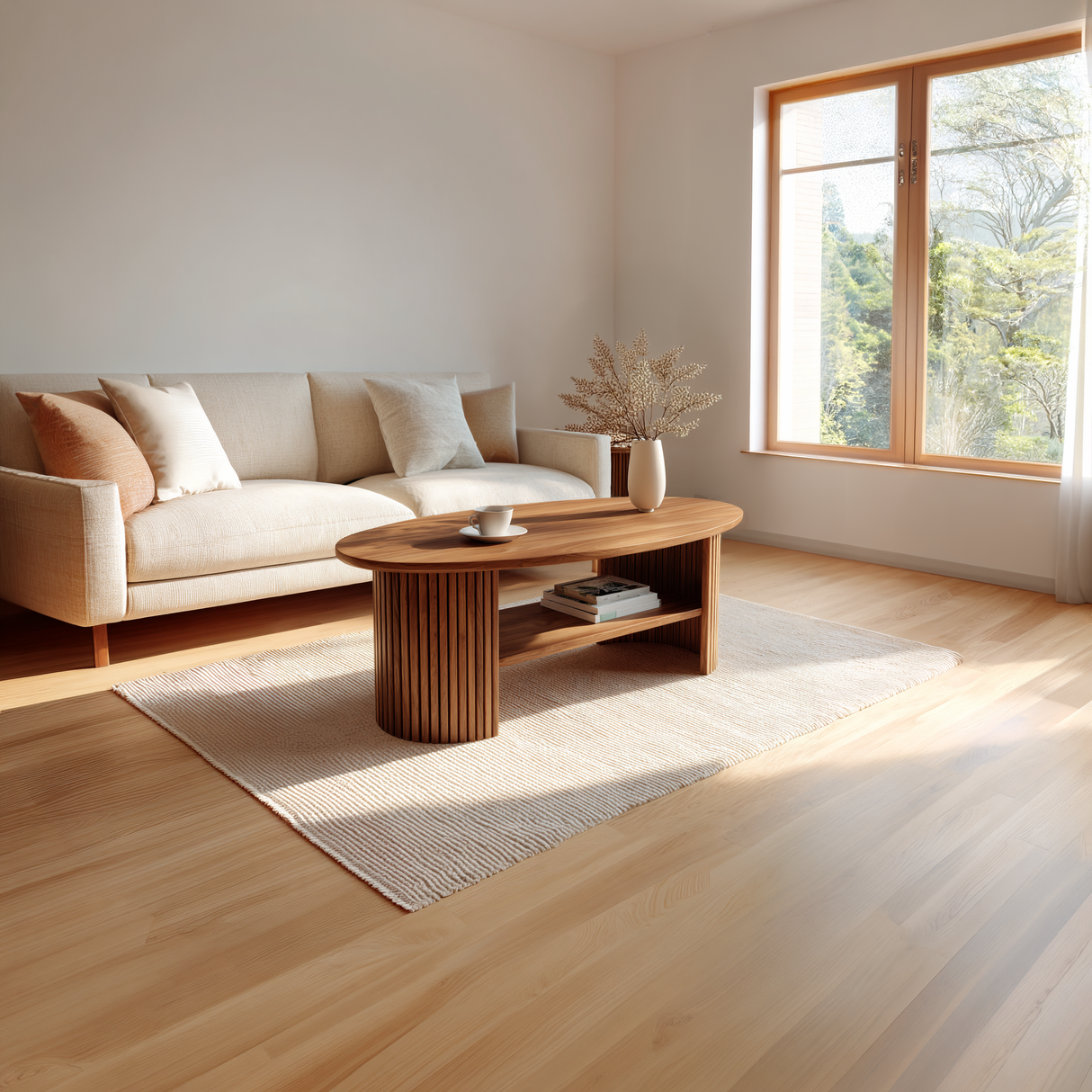 Oval Solid Wood Coffee Table with Fluted Base