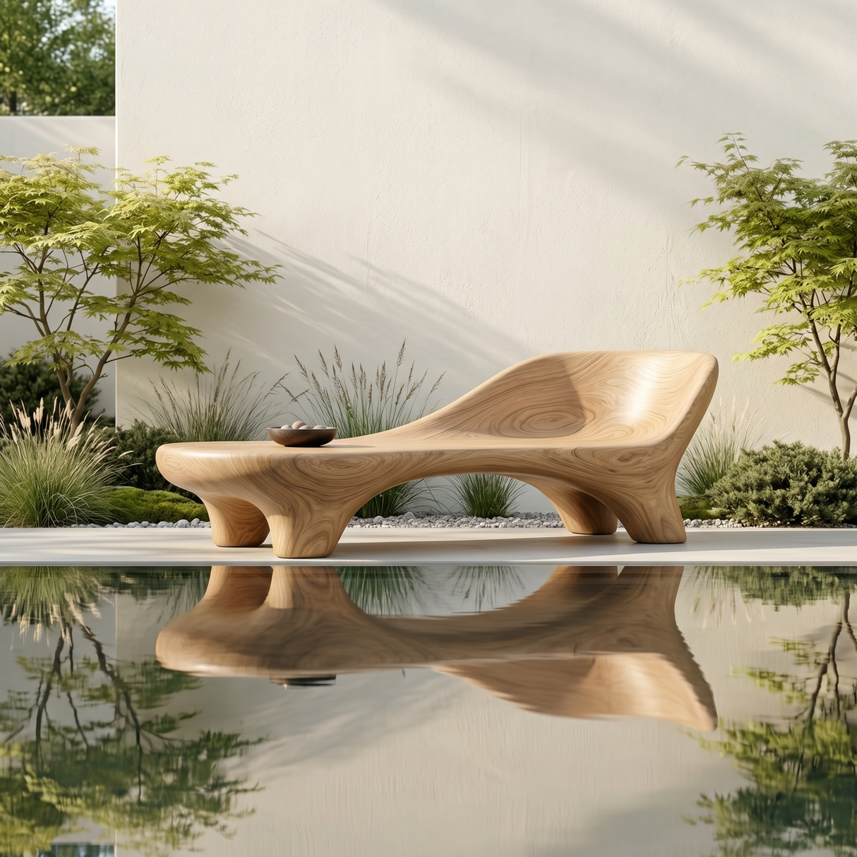 Handcrafted Organic Solid Wood Outdoor Chaise Bench with Curved Backrest