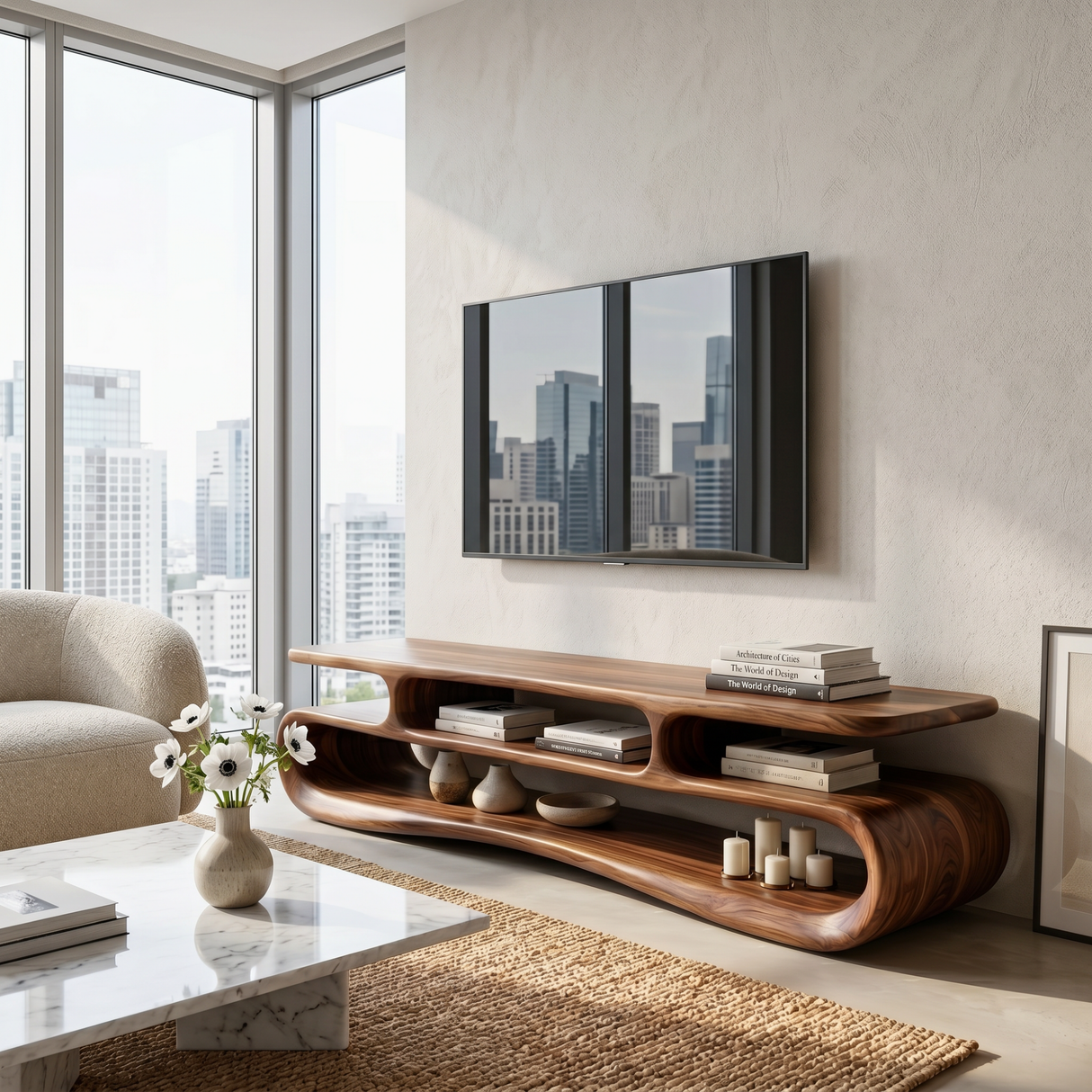 Organic Solid Wood TV Stand with Double Open Wave Shelves