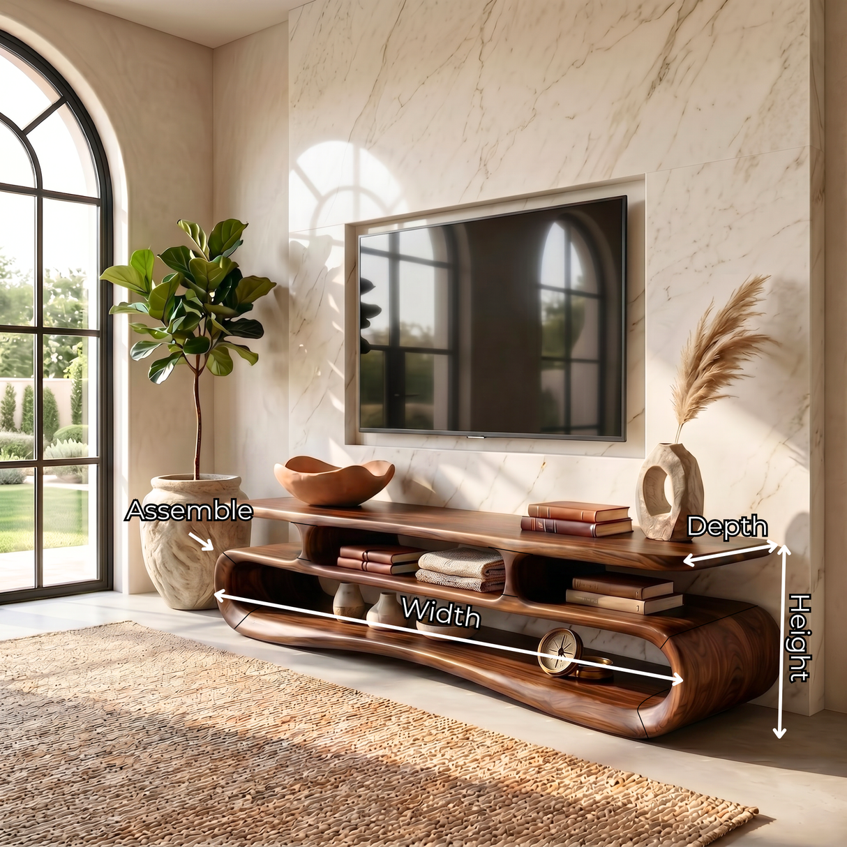 Organic Solid Wood TV Stand with Double Open Wave Shelves