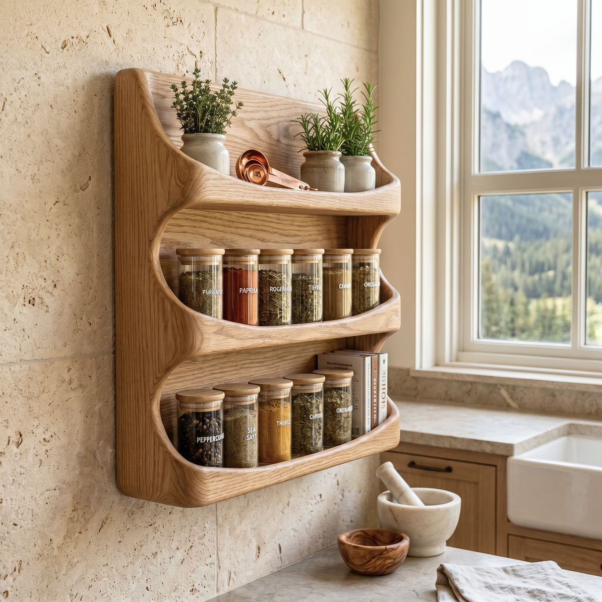 Handcrafted Wooden Wall Spice Rack with Flowing Wave Shelves for Kitchen Storage