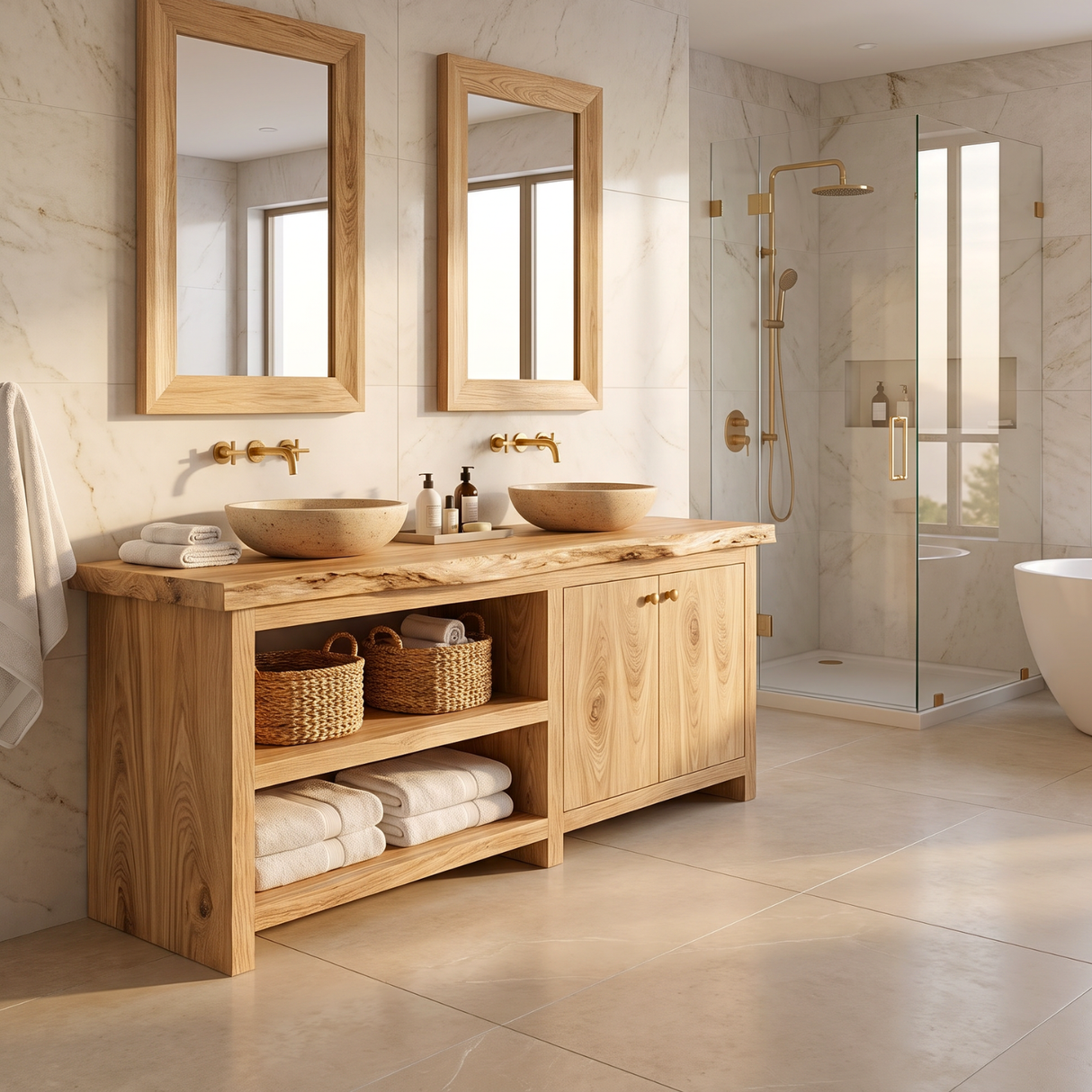 Bathroom Vanity Solid Wood with Double Sink and Open Shelf Storage for Rustic Bathroom