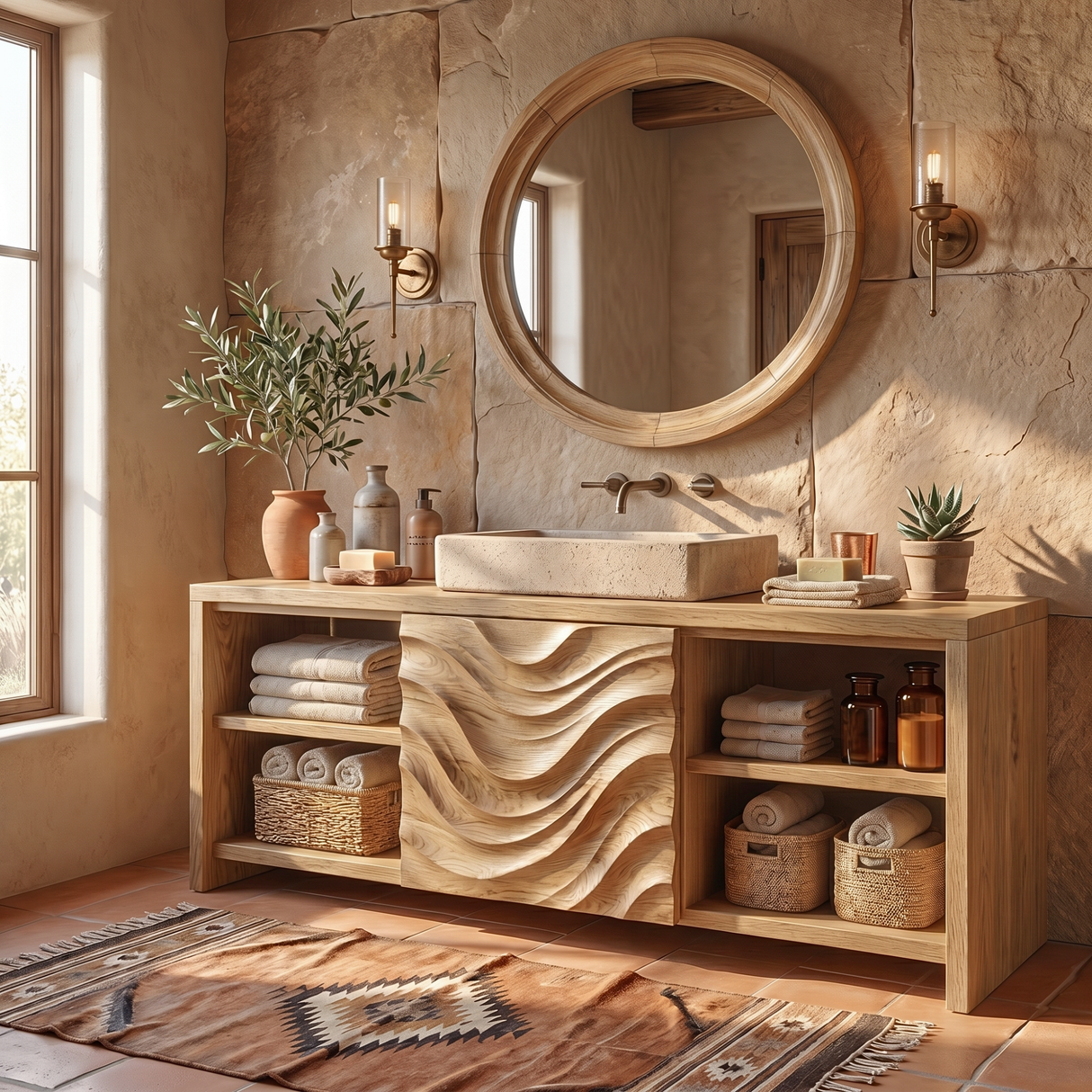 Solid Wood Bathroom Vanity with Wave Carved Center Panel and Open Shelf Storage