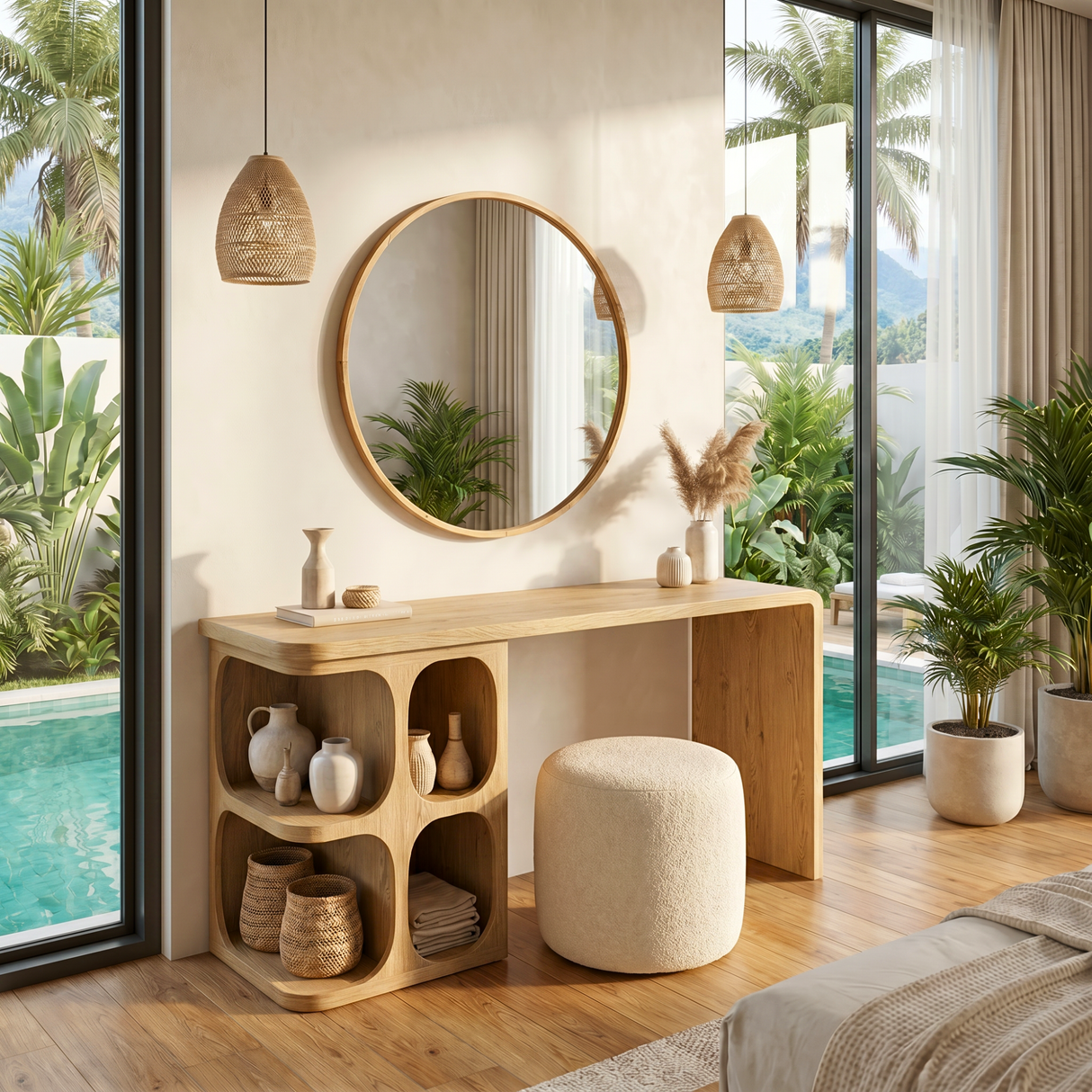 Organic Solid Wood Vanity Desk with Rounded Cubby Storage and Waterfall Panel