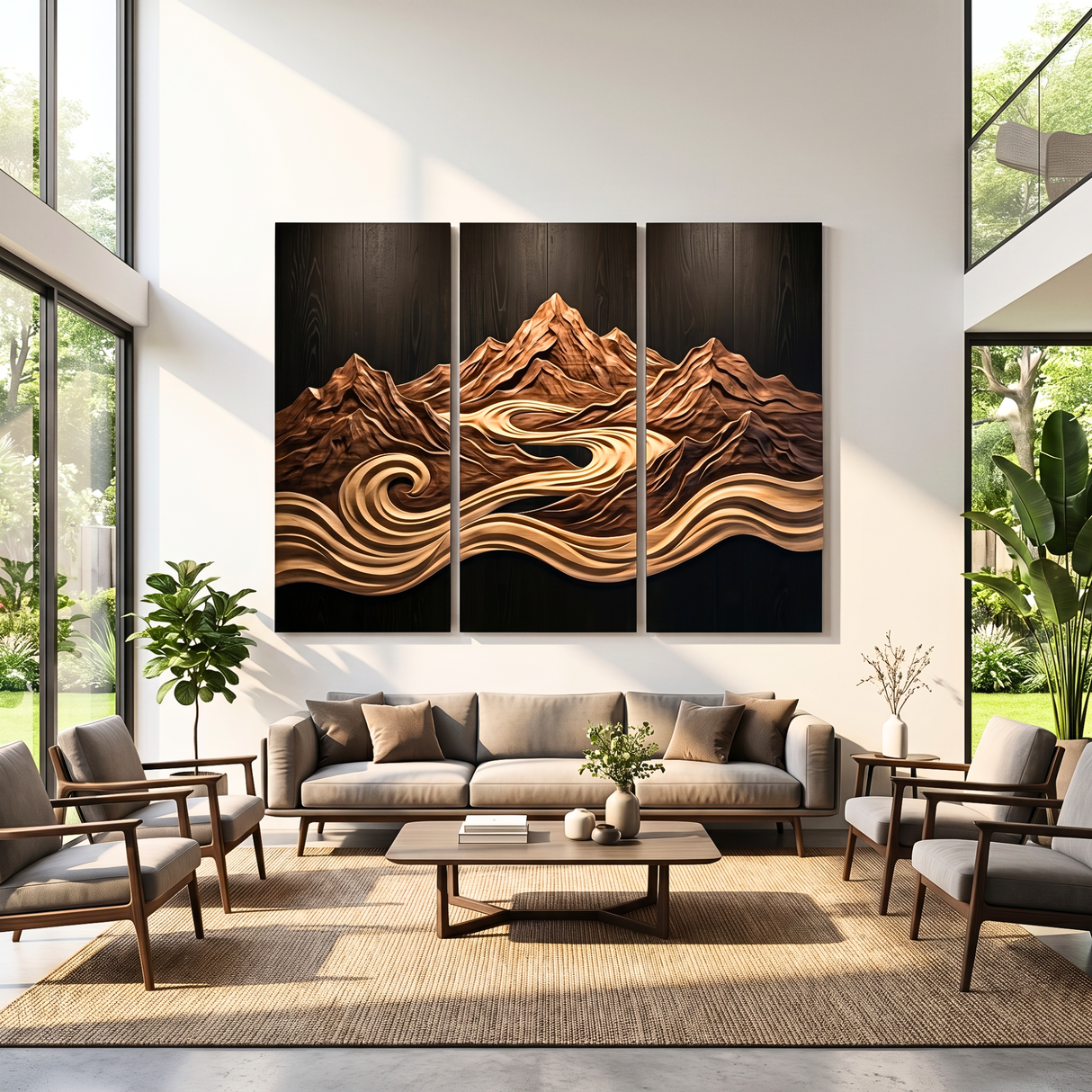Mountain River Triptych Wood Wall Sculpture