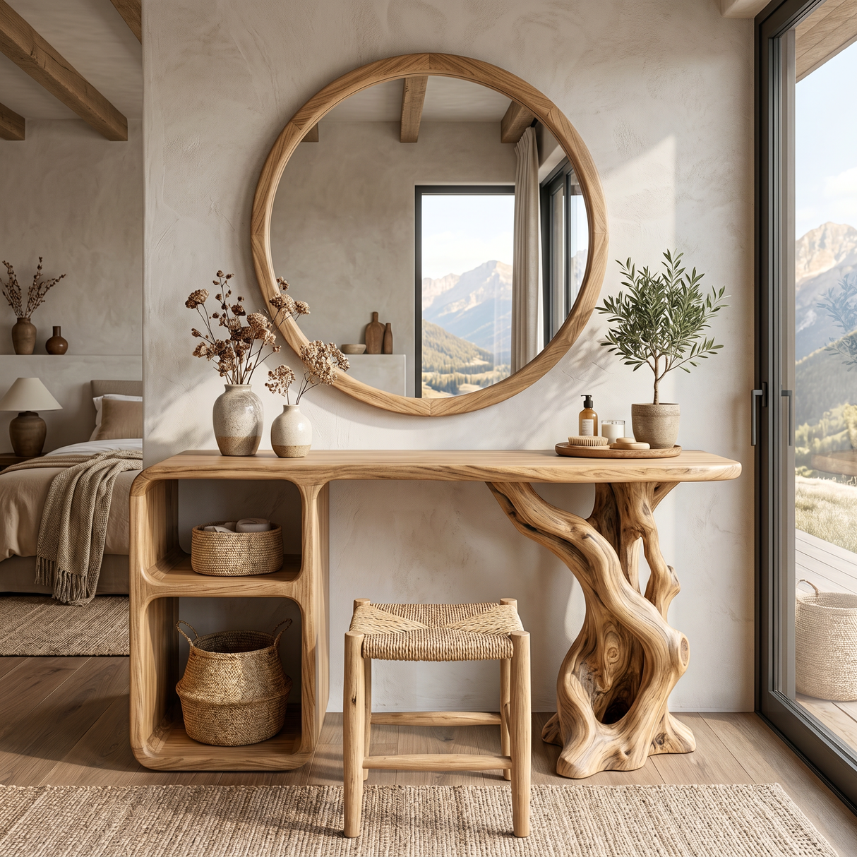 Sculptural Solid Wood Vanity Table with Organic Carved Base and Open Shelf Storage