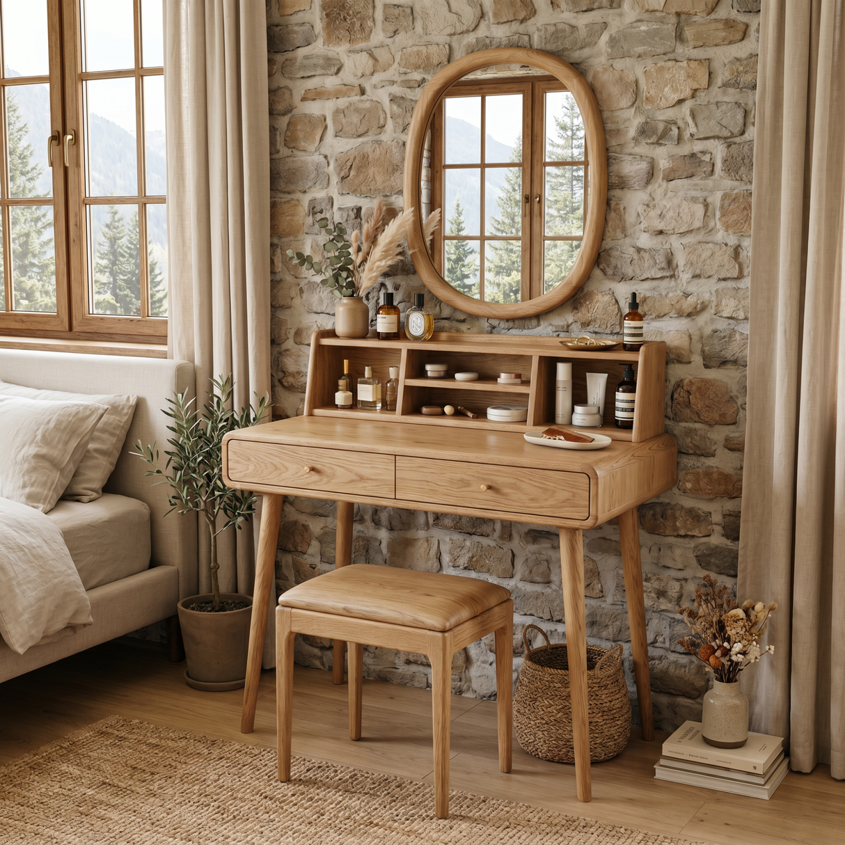 Handcrafted Solid Wood Vanity Desk with Open Organizer Shelf and Drawer Storage