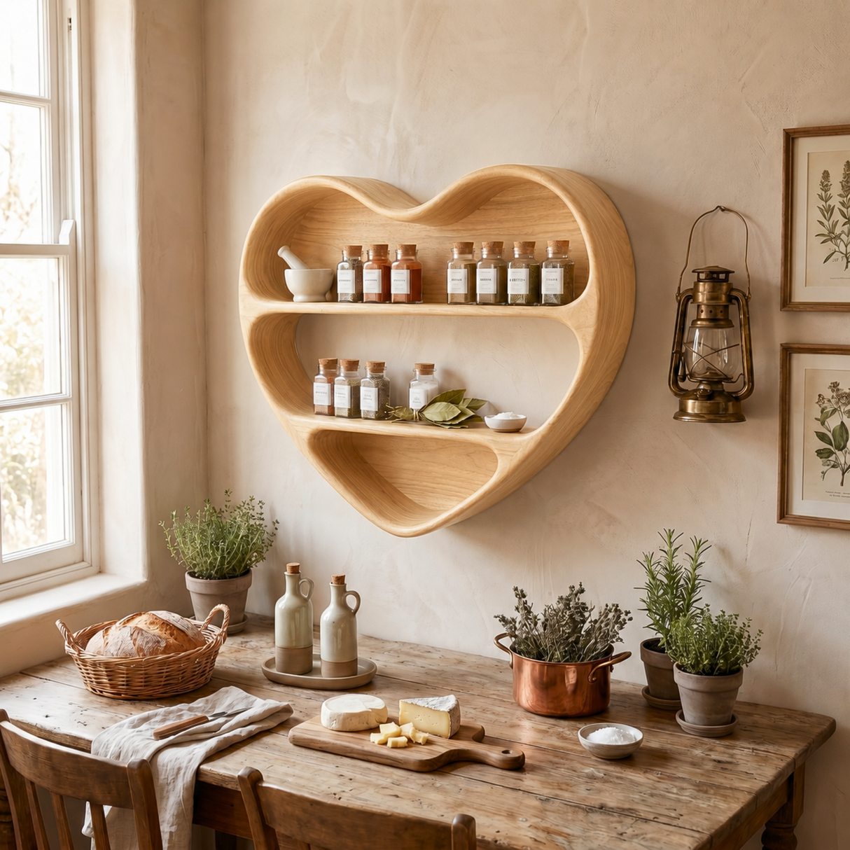 Handcrafted Heart-Shaped Wood Wall Spice Rack with Sculptural Three-Tier Shelves