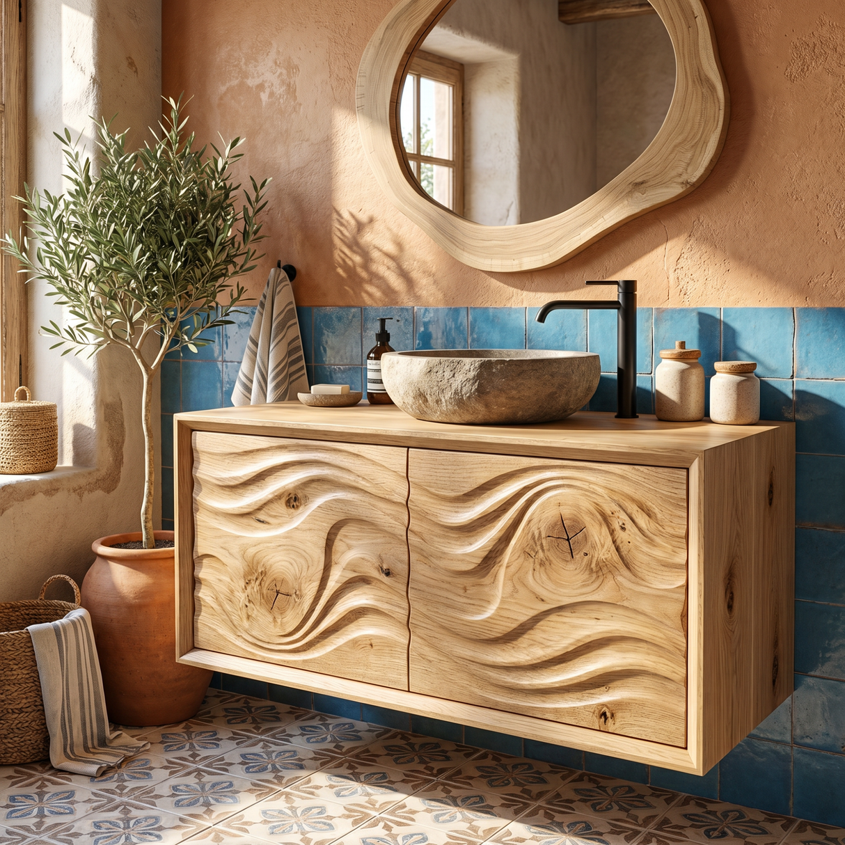 Artisan Solid Wood Bathroom Vanity with Hand Carved Wave Front