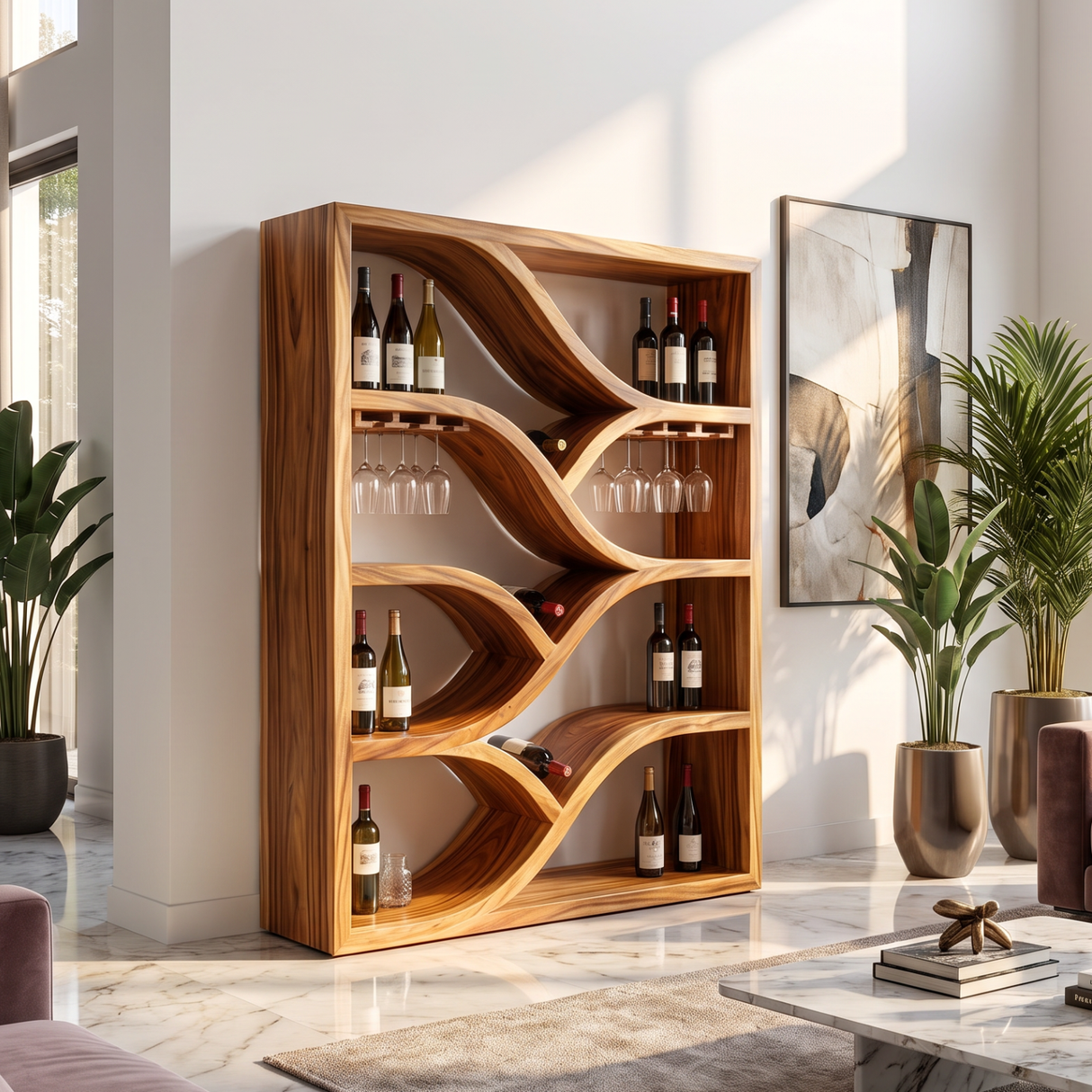 Sculptural Solid Wood Wine Display Cabinet with Flowing Bottle Shelves