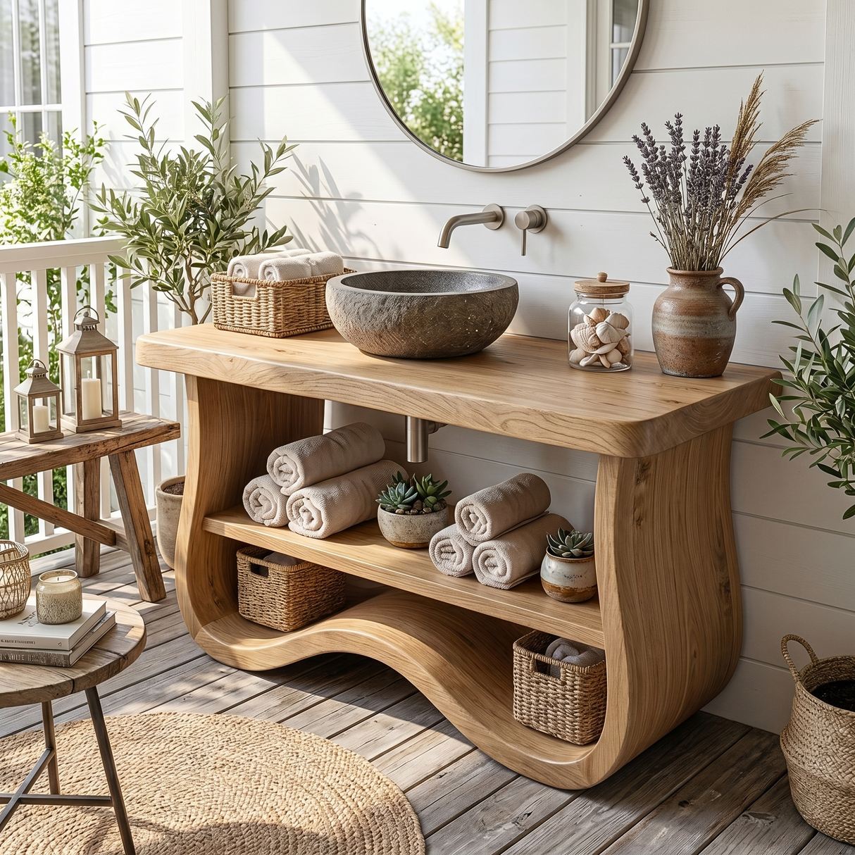 Organic Solid Wood Bathroom Vanity with Sculpted Wave Base