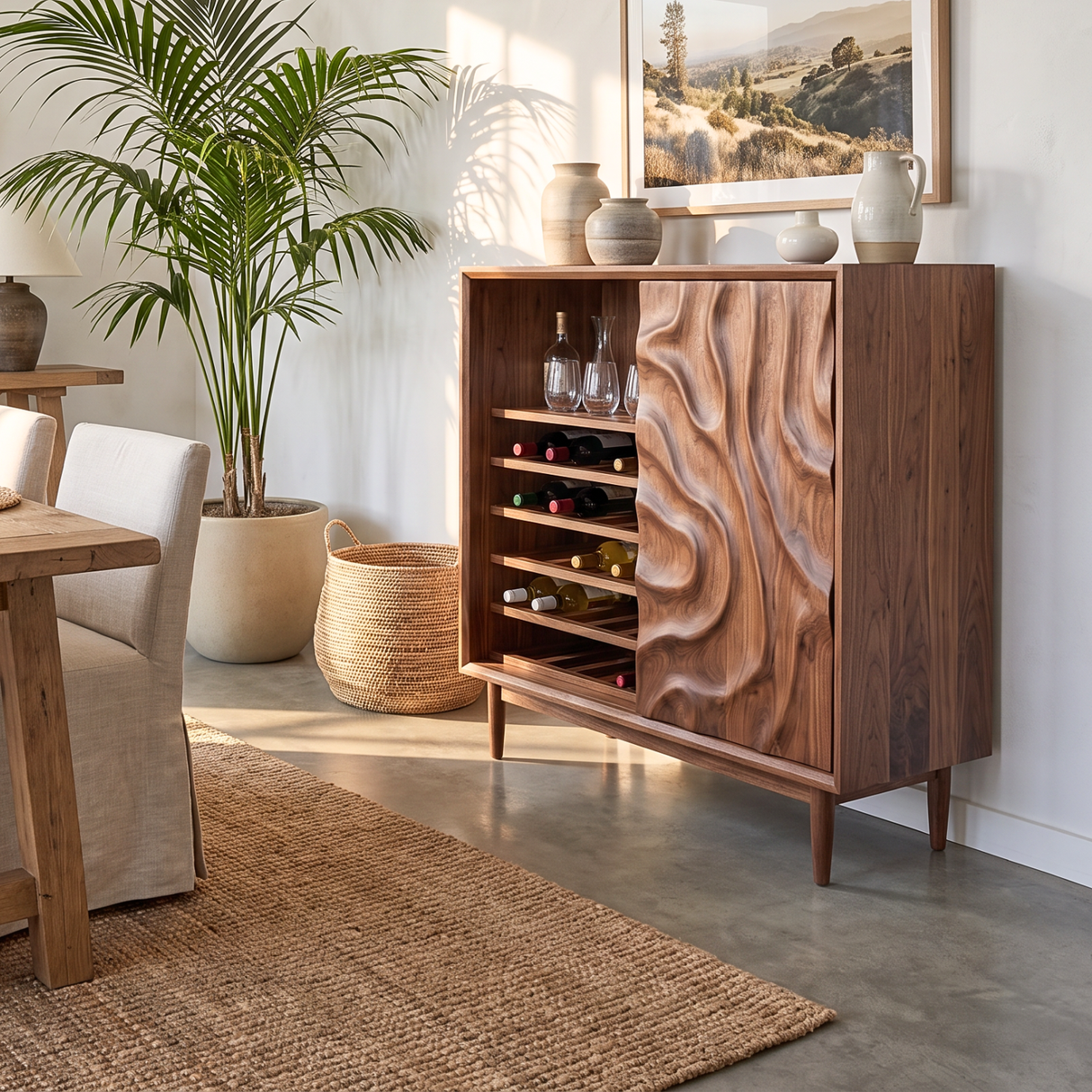 Wine Cabinet Solid Wood with Carved Relief Door and Bottle Shelves for Dining Room