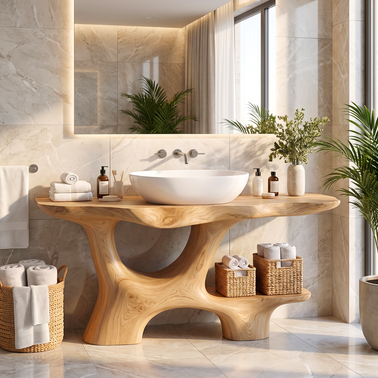 Bathroom Vanity Solid Wood with Open Arch Base and Side Shelf for Cabin Bathroom