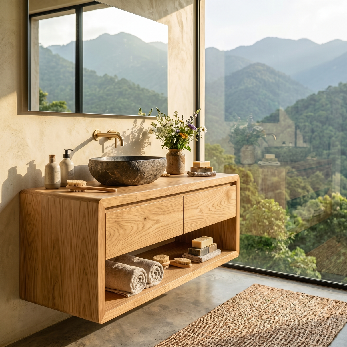 Minimalist Floating Solid Wood Bathroom Vanity with Seamless Organic Frame