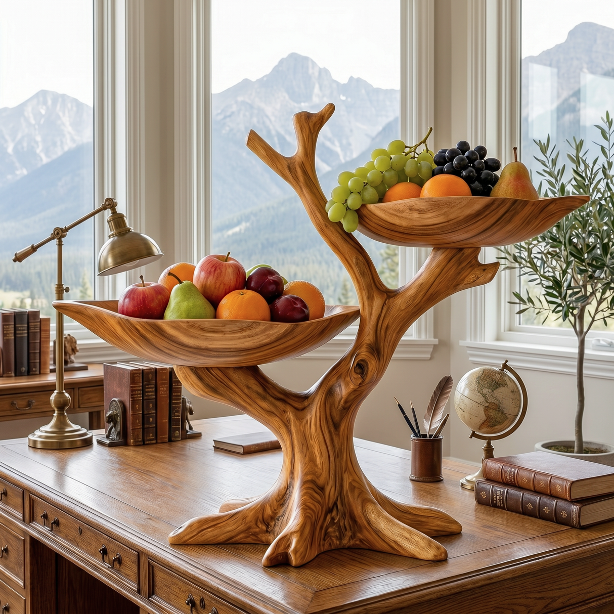 Handcrafted Branch-Form Solid Wood Fruit Bowl with Dual Raised Serving Trays
