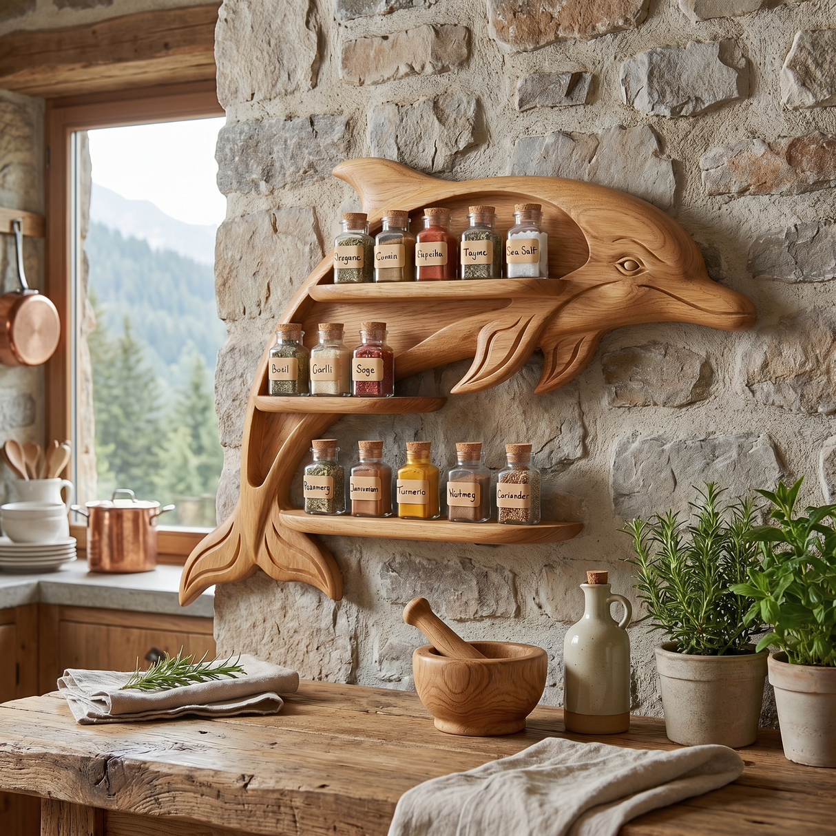Sculptural Solid Wood Dolphin Spice Shelf with Staggered Wall Storage
