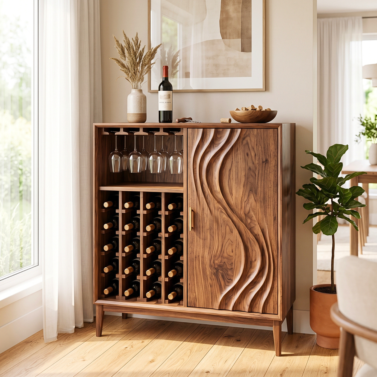 Solid Wood Wine Cabinet with Carved Wave Door for Dining Room