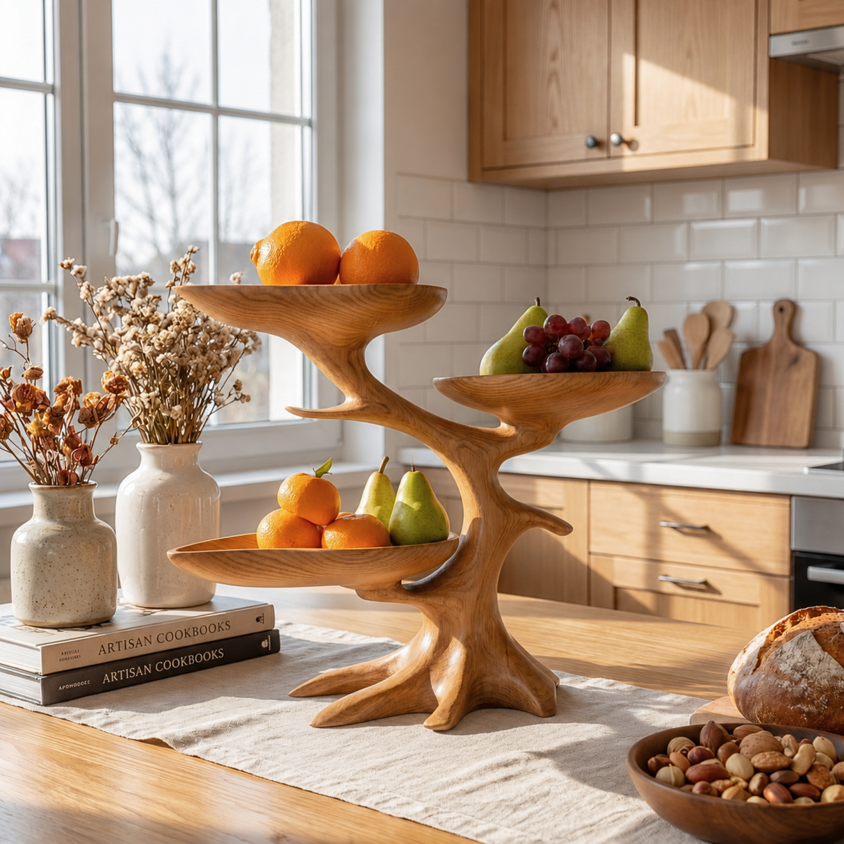 Solid Wood Three-Bowl Fruit Centerpiece with Flowing Branch Stand