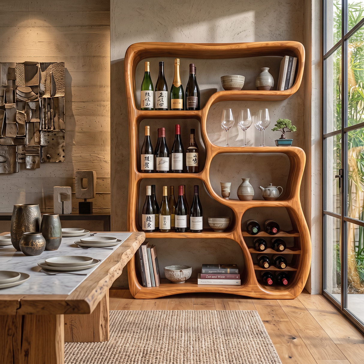 Wine Cabinet Solid Wood with Organic Open Shelves for Living Room Display