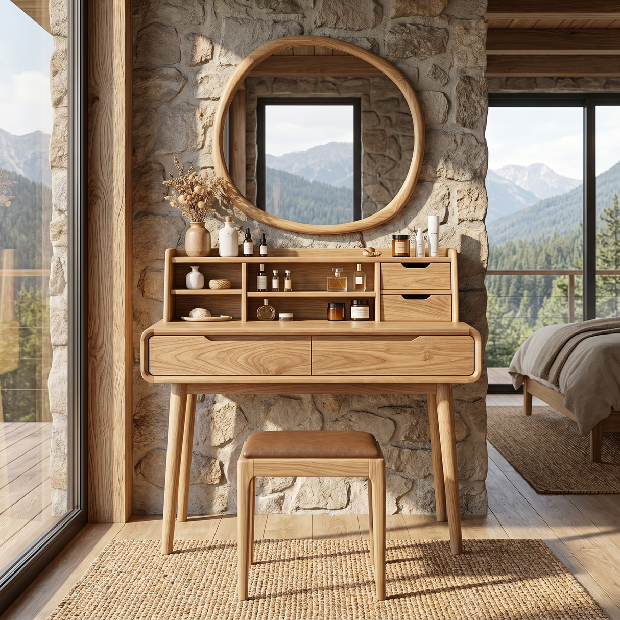 Solid Wood Vanity Table with Organizer Hutch, Drawer Storage, and Tapered Legs