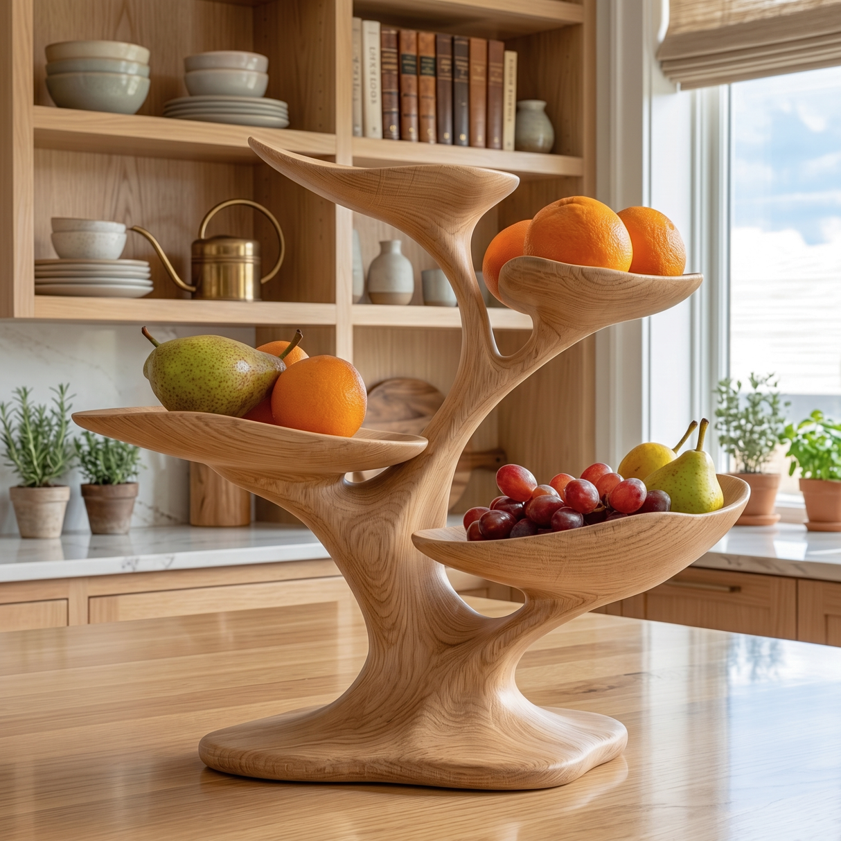 Solid Wood Four-Tier Fruit Bowl Sculpture with Organic Branch Stand
