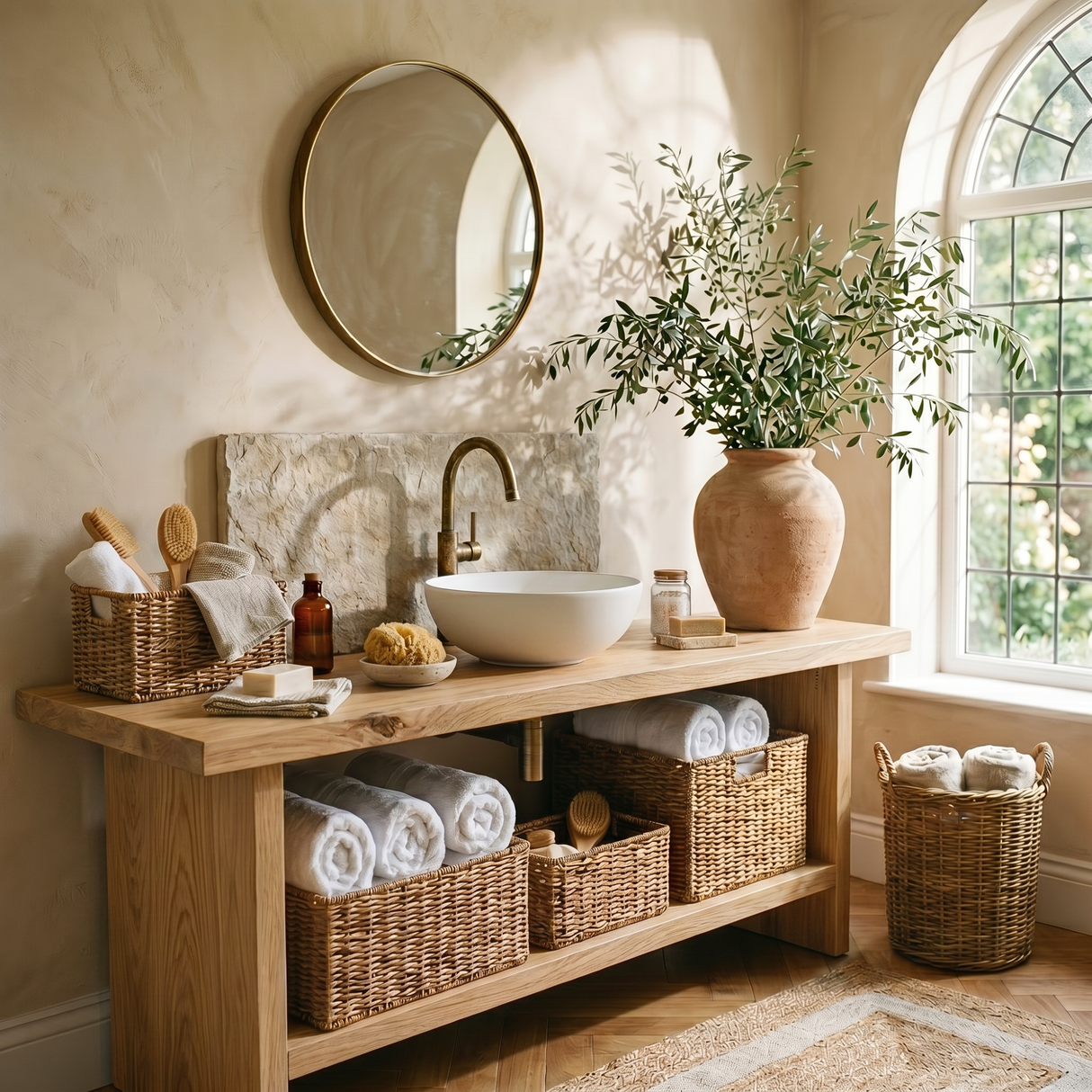 Rustic Solid Wood Bathroom Vanity with Open Shelf Storage