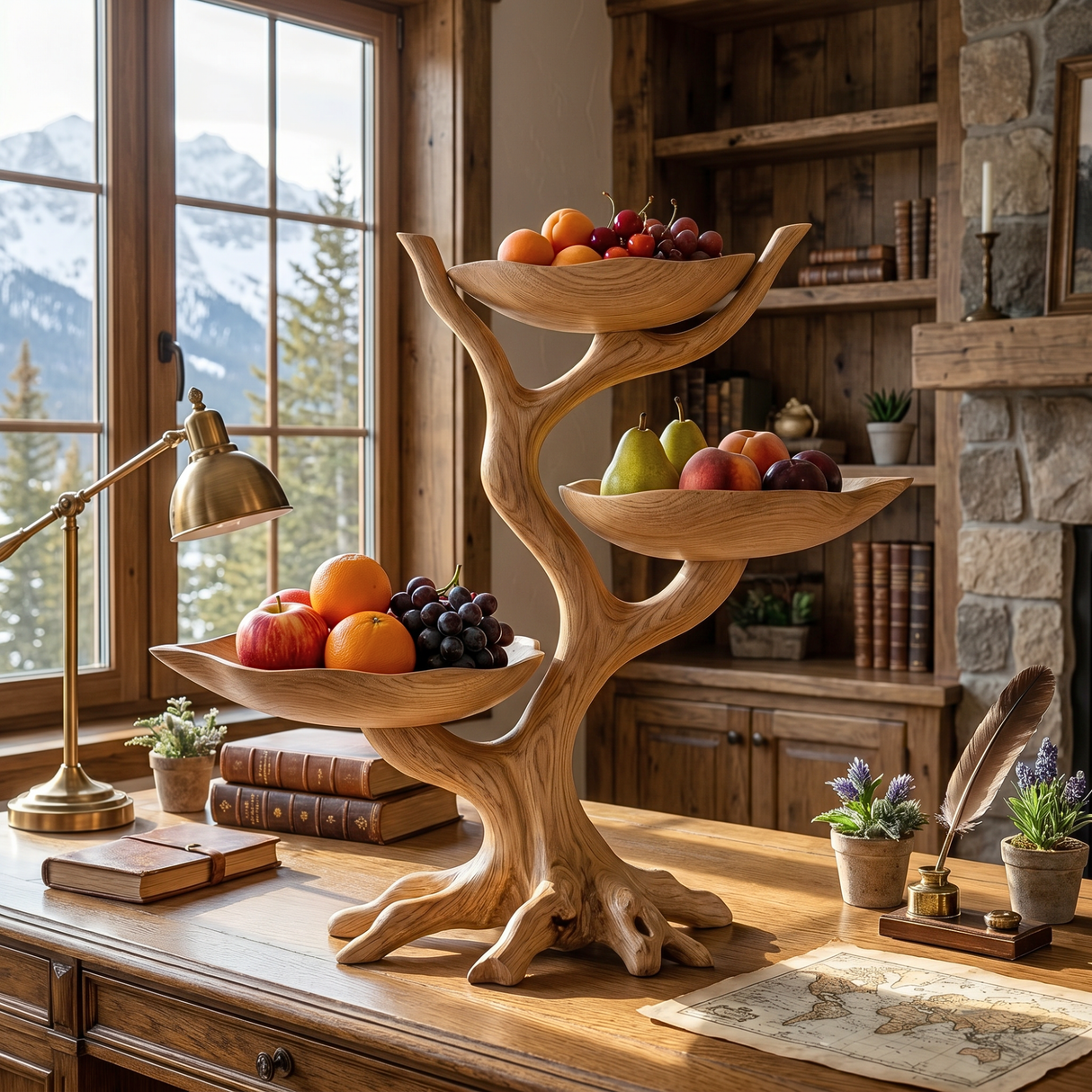 Solid Wood Tree-Shaped Fruit Stand with Triple Floating Bowl Trays