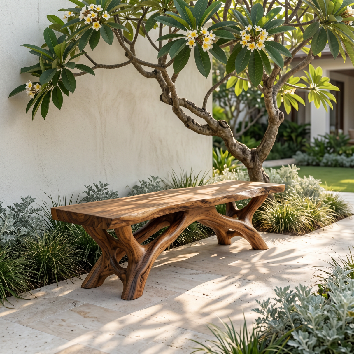 Garden Bench Solid Wood with Branch Sculptural Legs for Outdoor Seating