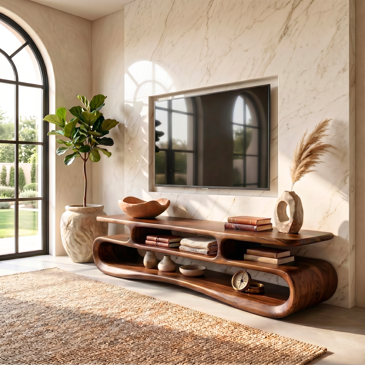 Organic Solid Wood TV Stand with Double Open Wave Shelves