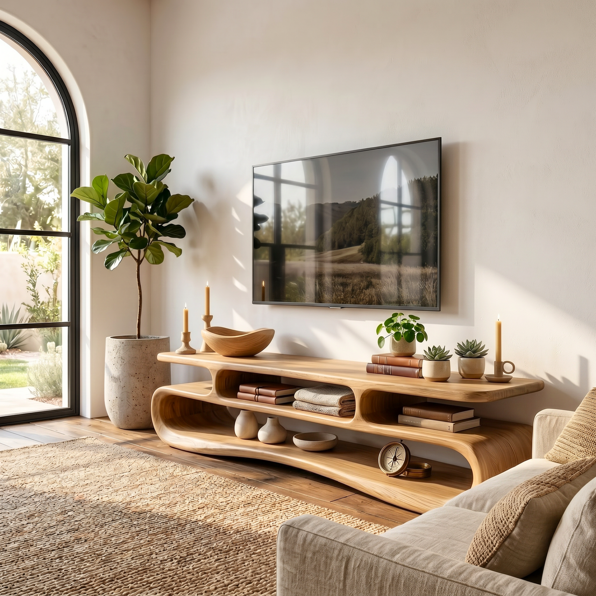 Organic Solid Wood TV Stand with Double Open Wave Shelves