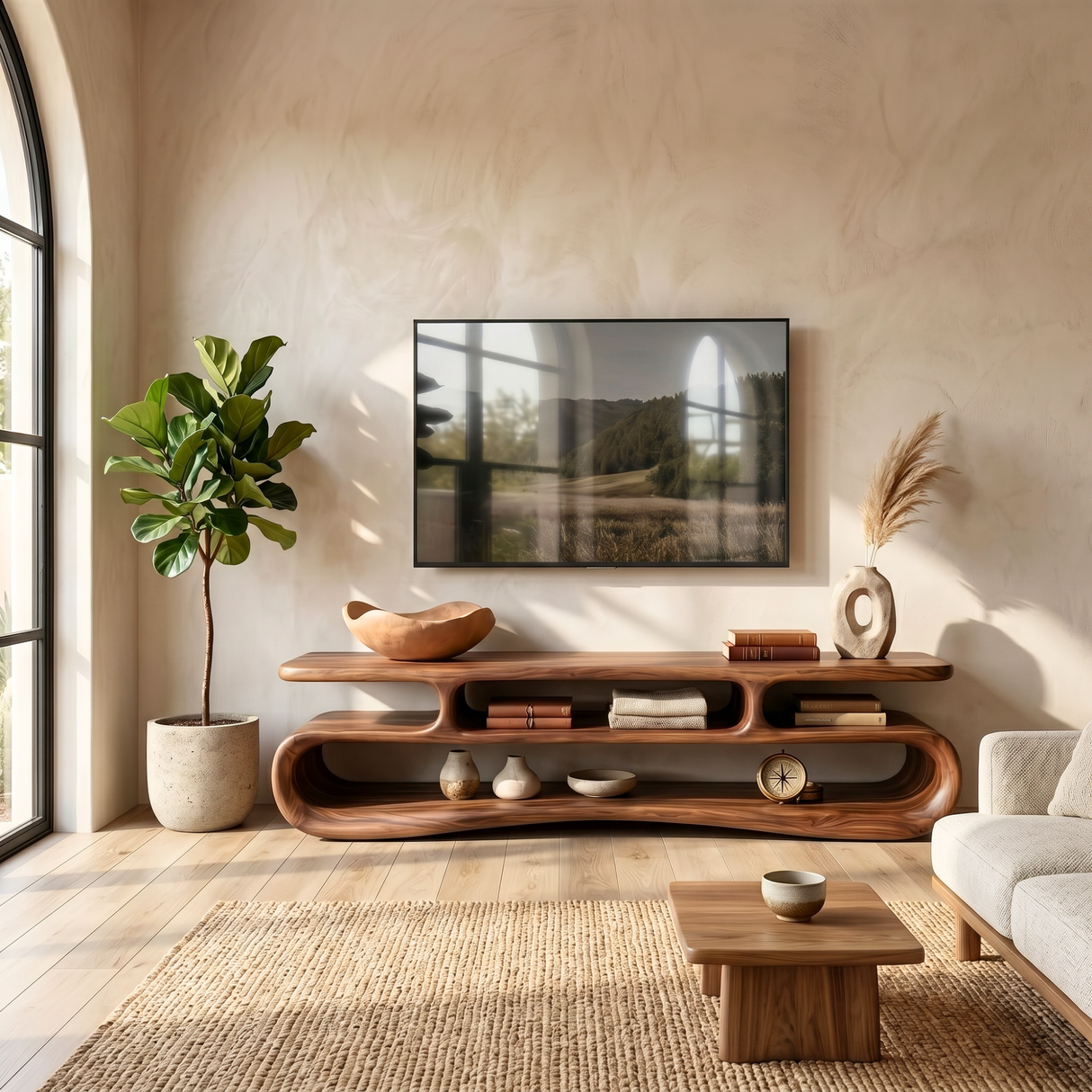 Organic Solid Wood TV Stand with Double Open Wave Shelves