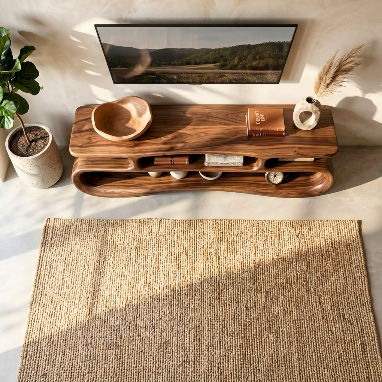 Organic Solid Wood TV Stand with Double Open Wave Shelves
