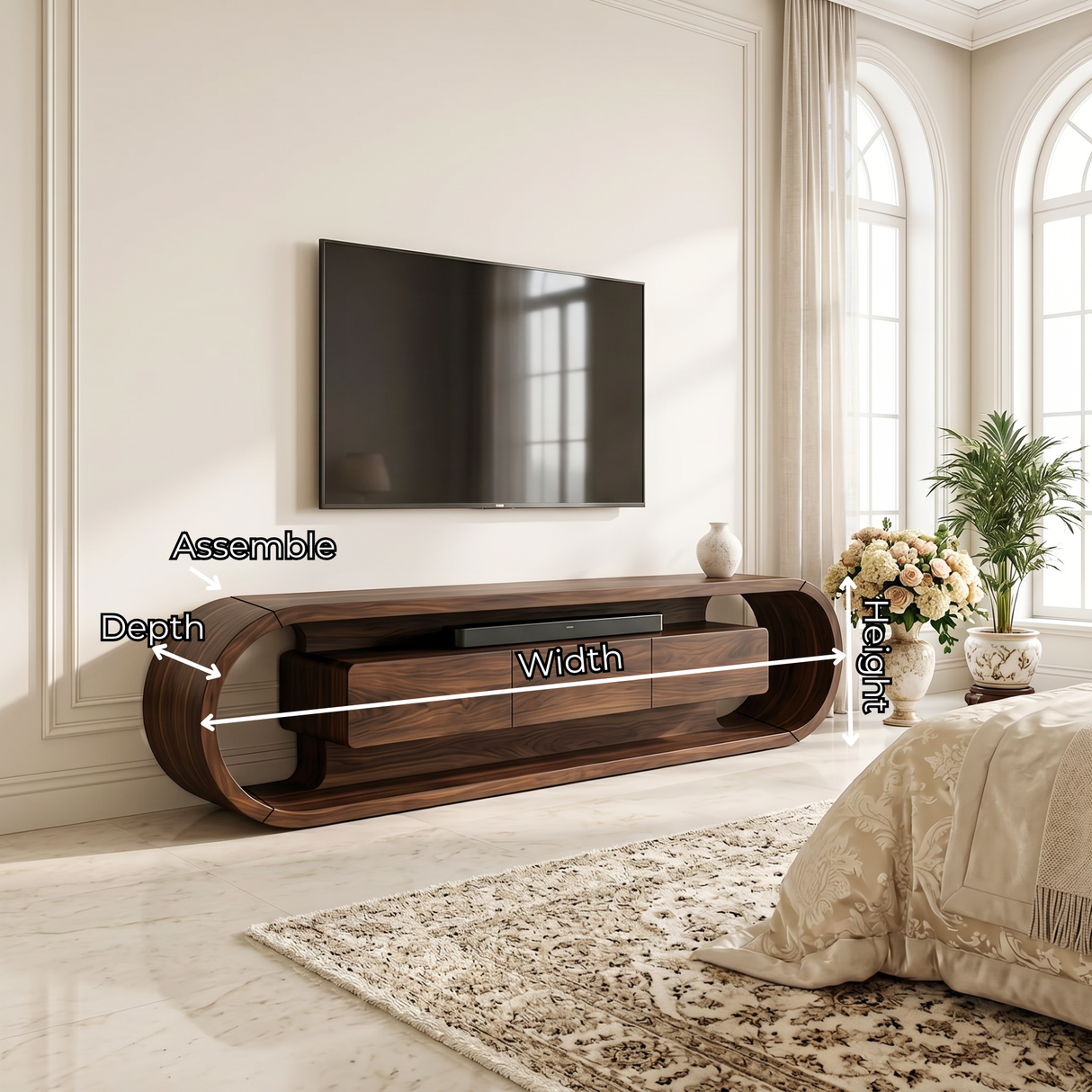 Organic Solid Wood TV Stand with Oval Loop Frame and Storage Drawers