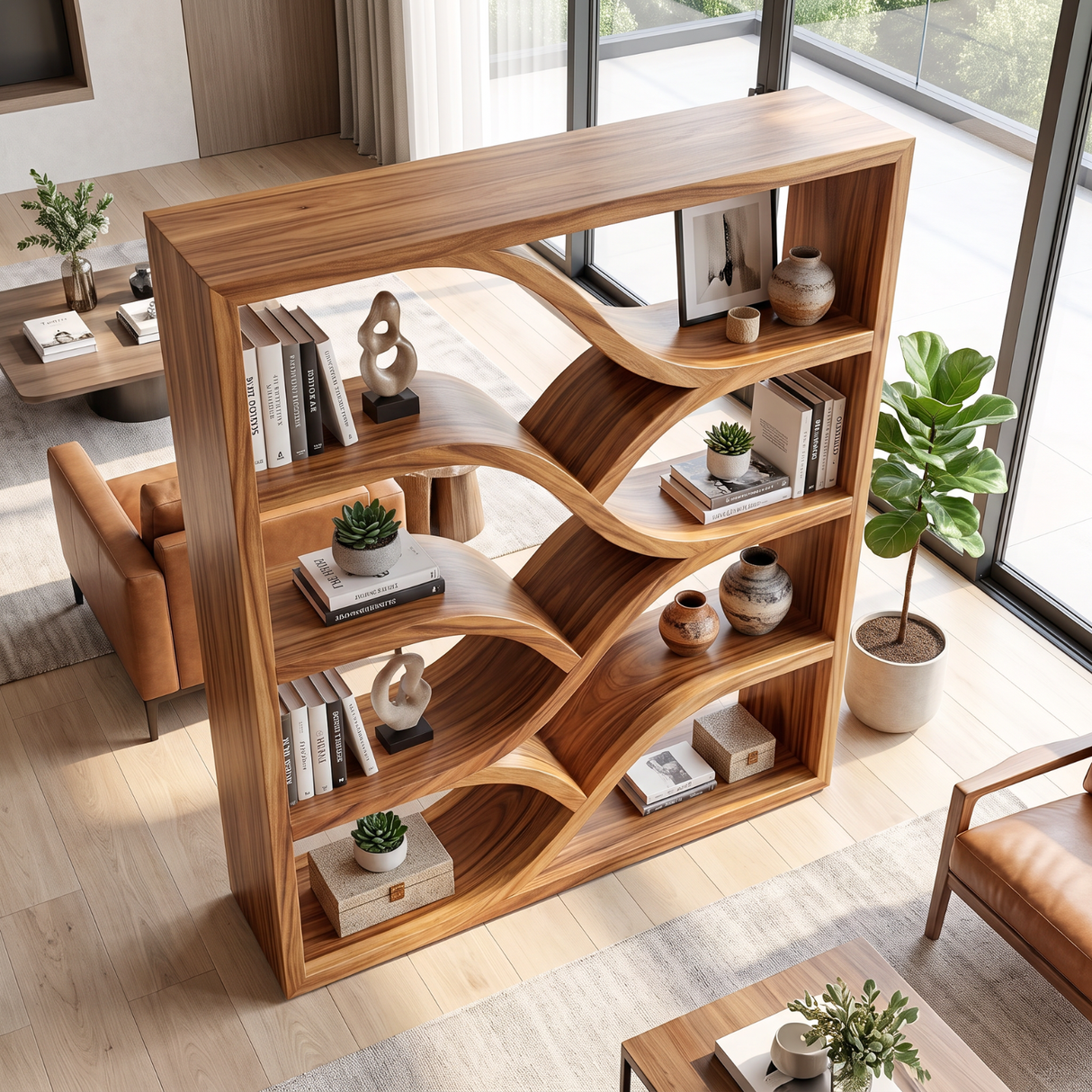 Sculptural Solid Wood Wine Display Cabinet with Flowing Bottle Shelves