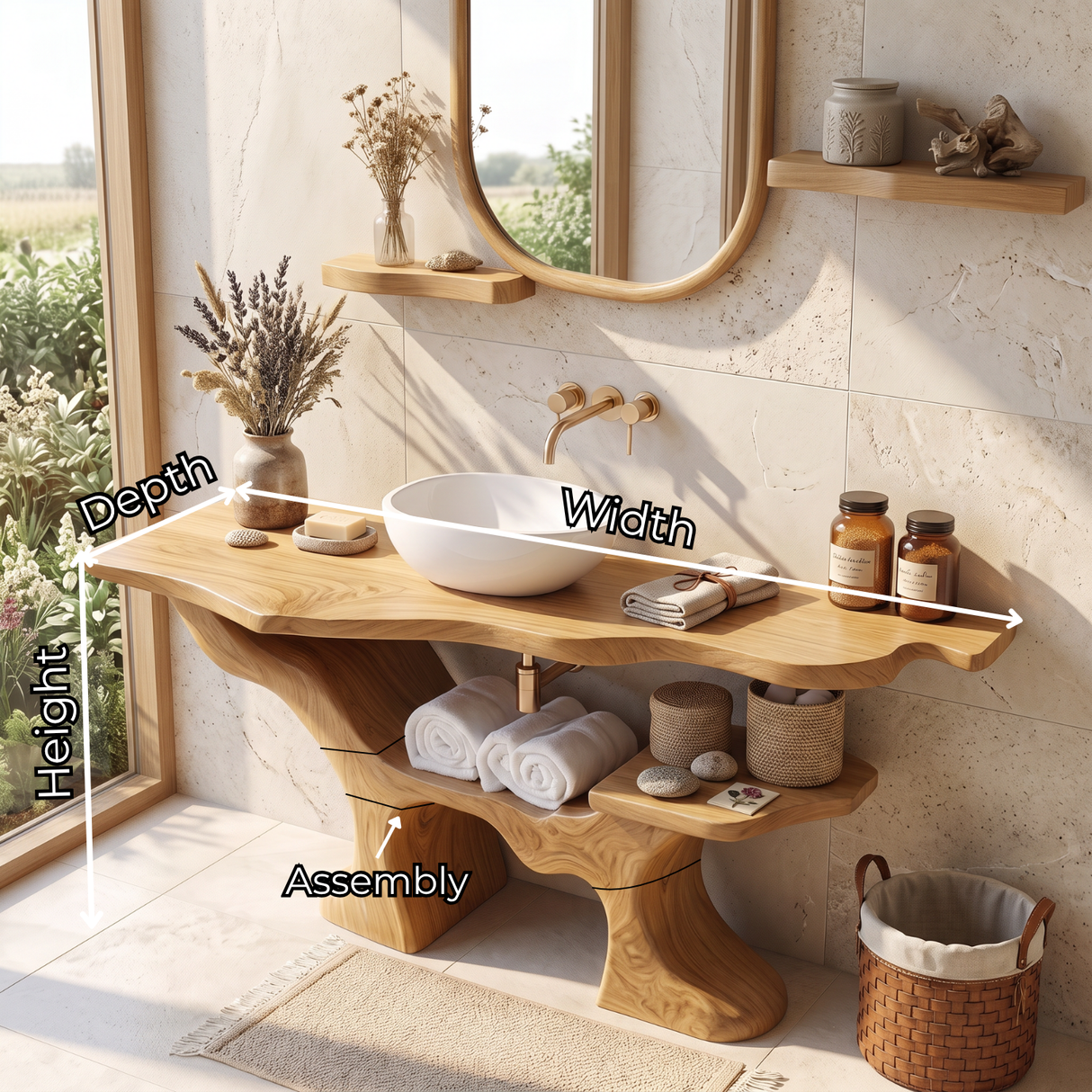 Solid Wood Bathroom Vanity with Organic Branch Base and Open Shelf