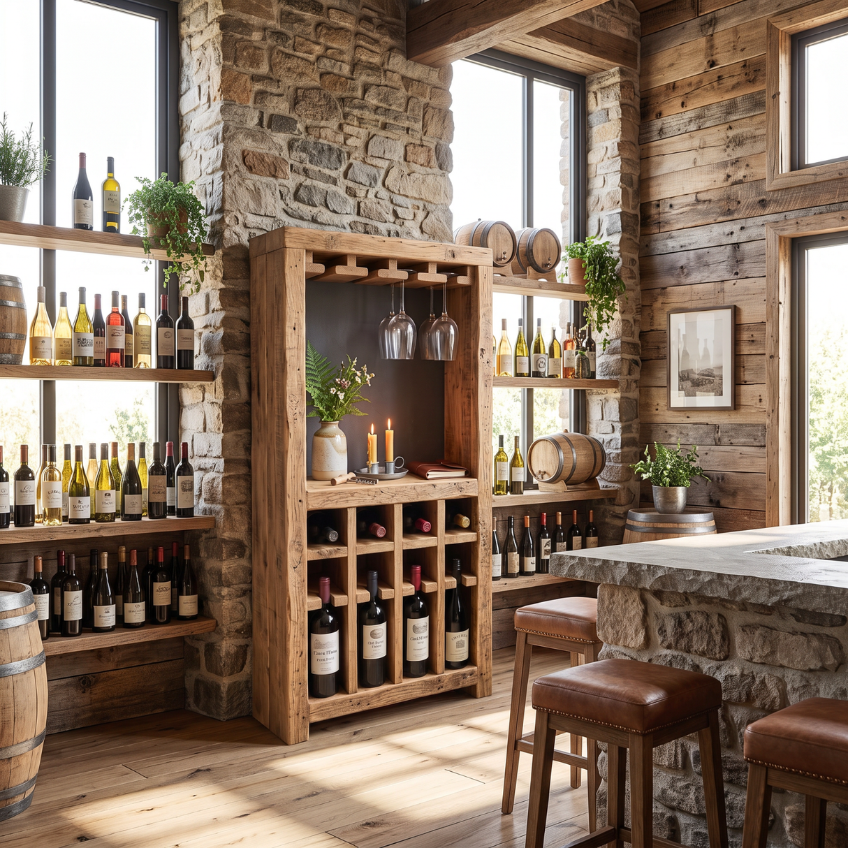 Solid Wood Wine Rack Cabinet with Stemware Holder and Display Shelf