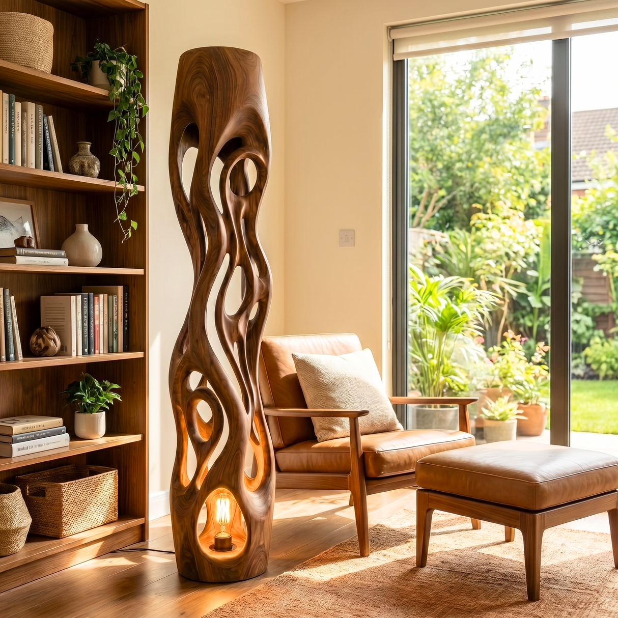 Handcrafted Solid Wood Floor Lamp with Organic Hollow Carved Body