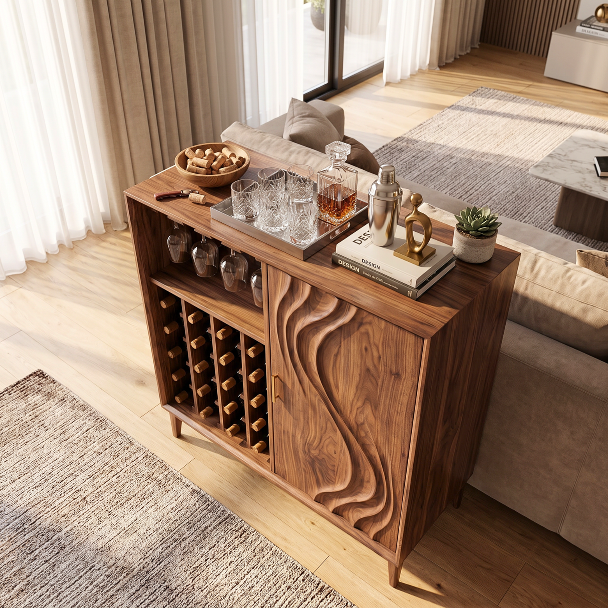 Solid Wood Wine Cabinet with Carved Wave Door for Dining Room