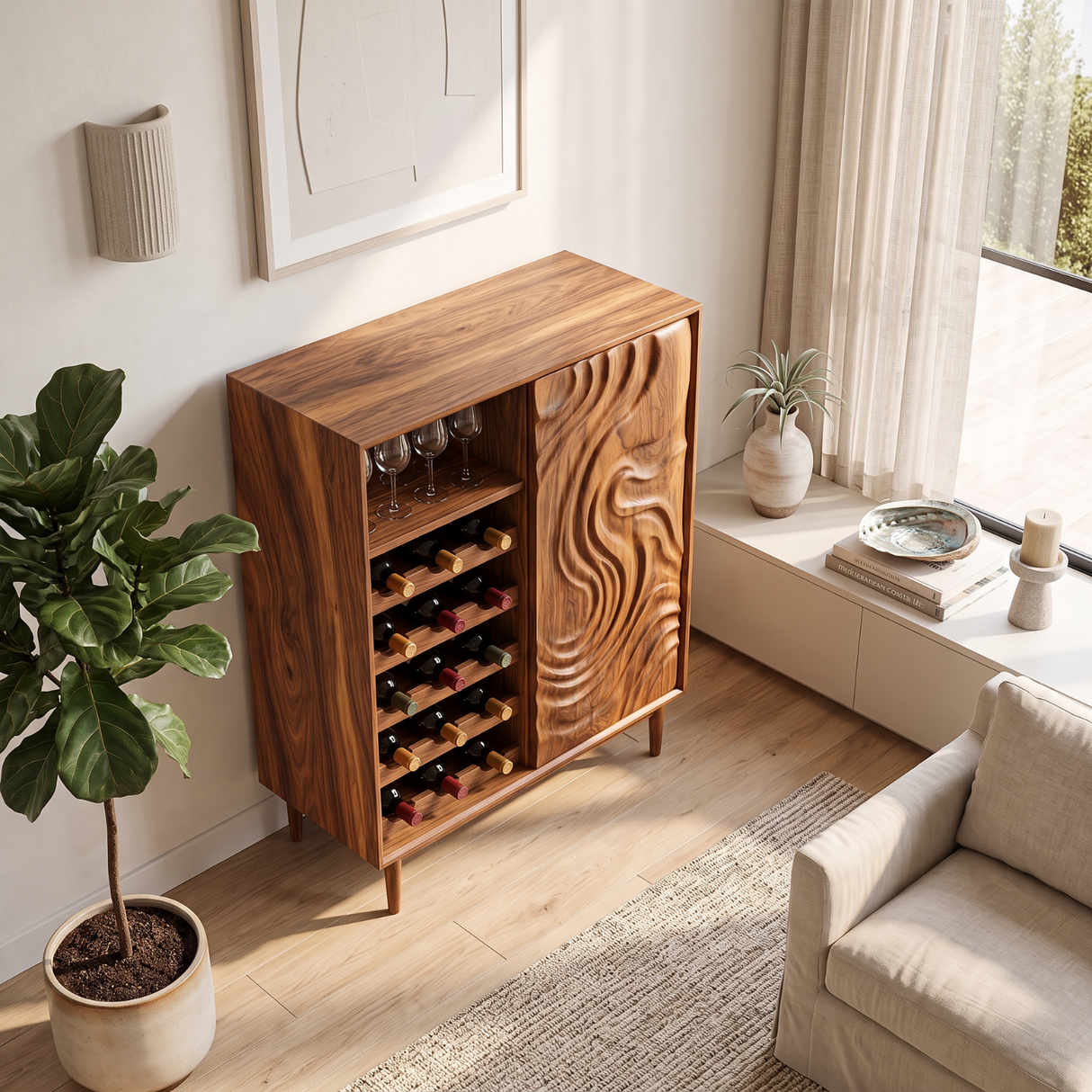 Wine Cabinet Solid Wood with Carved Wave Door and Bottle Storage for Home Bar