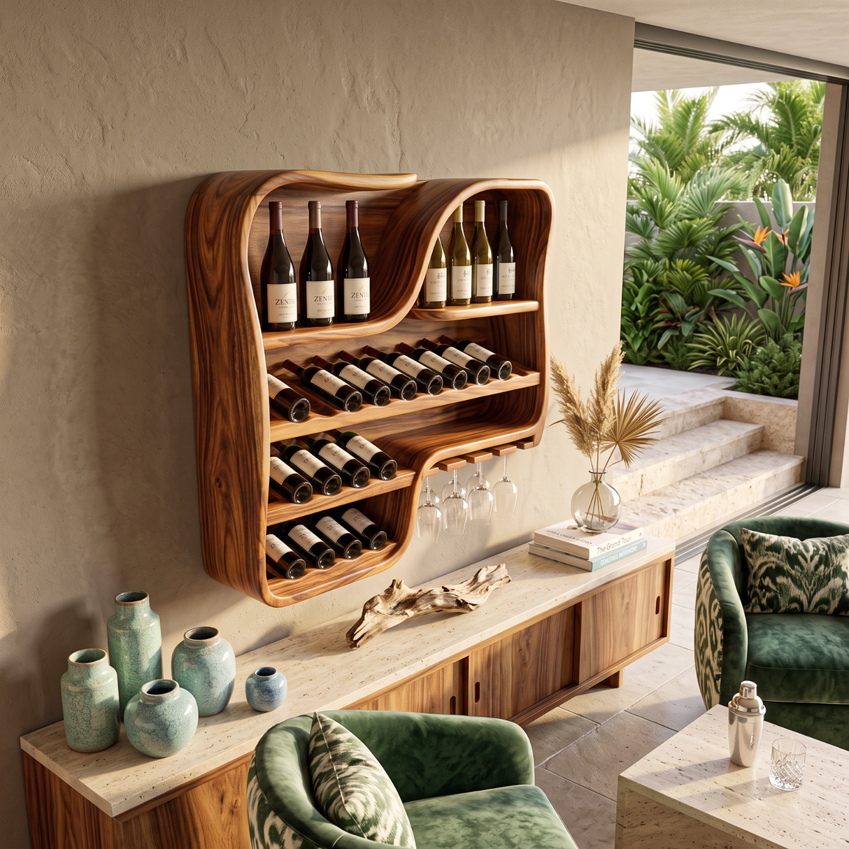 Wall Mounted Wine Rack Solid Wood with Curved Bottle Shelves for Home Bar