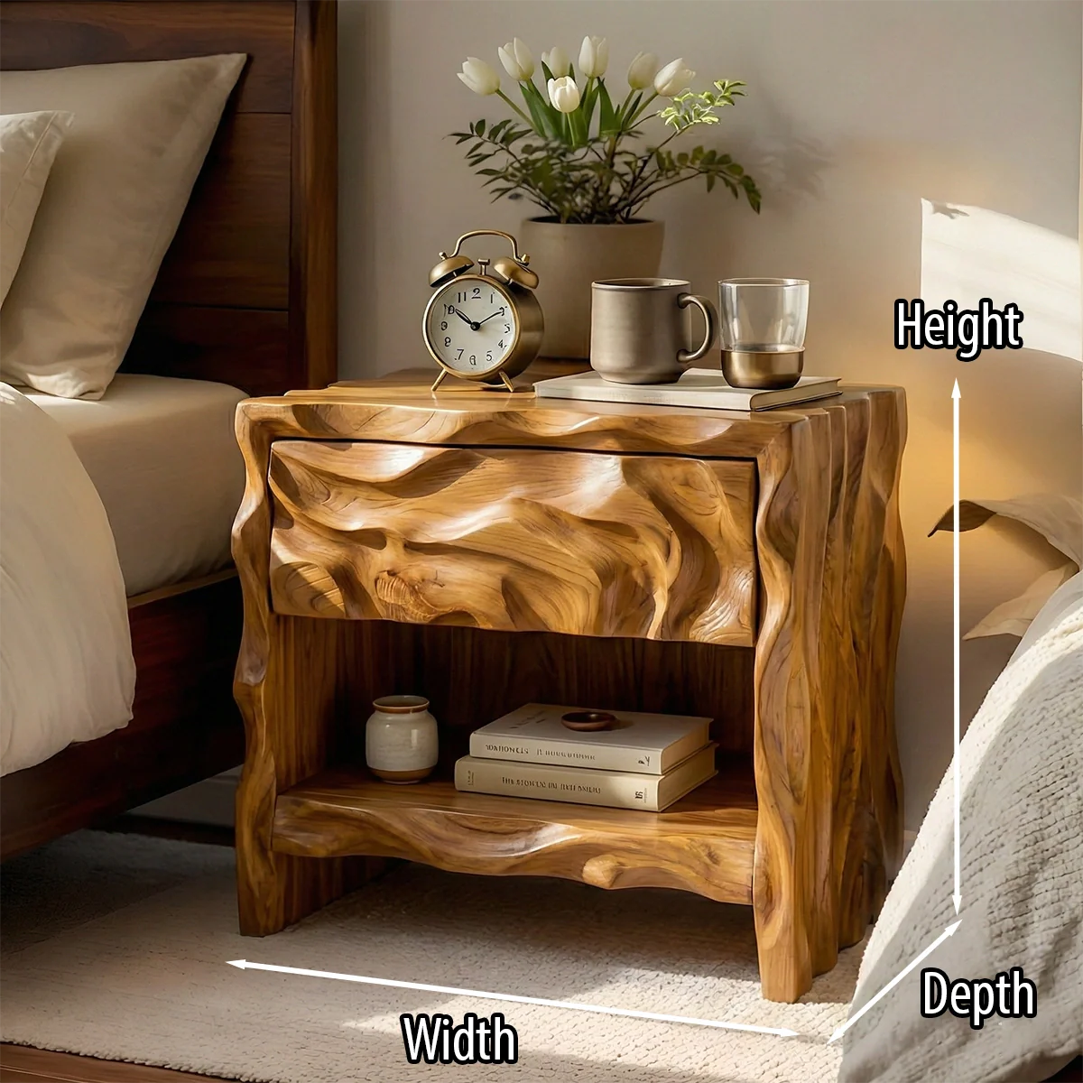 Organic Modern Solid Wood Nightstand with Open Shelf