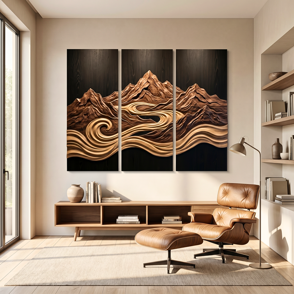 Mountain River Triptych Wood Wall Sculpture