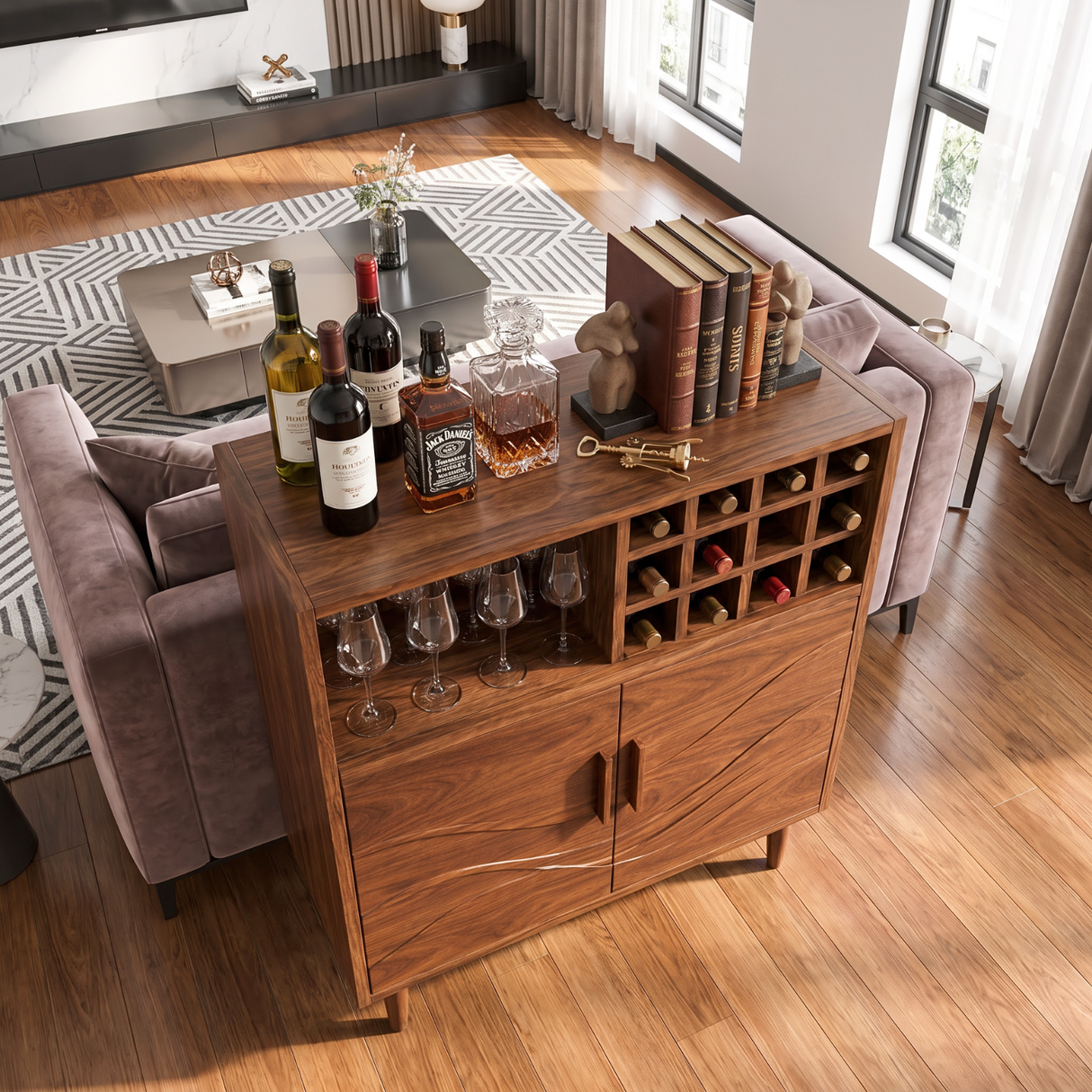 Solid Wood Wine Cabinet with Bottle Grid and Carved Storage Doors